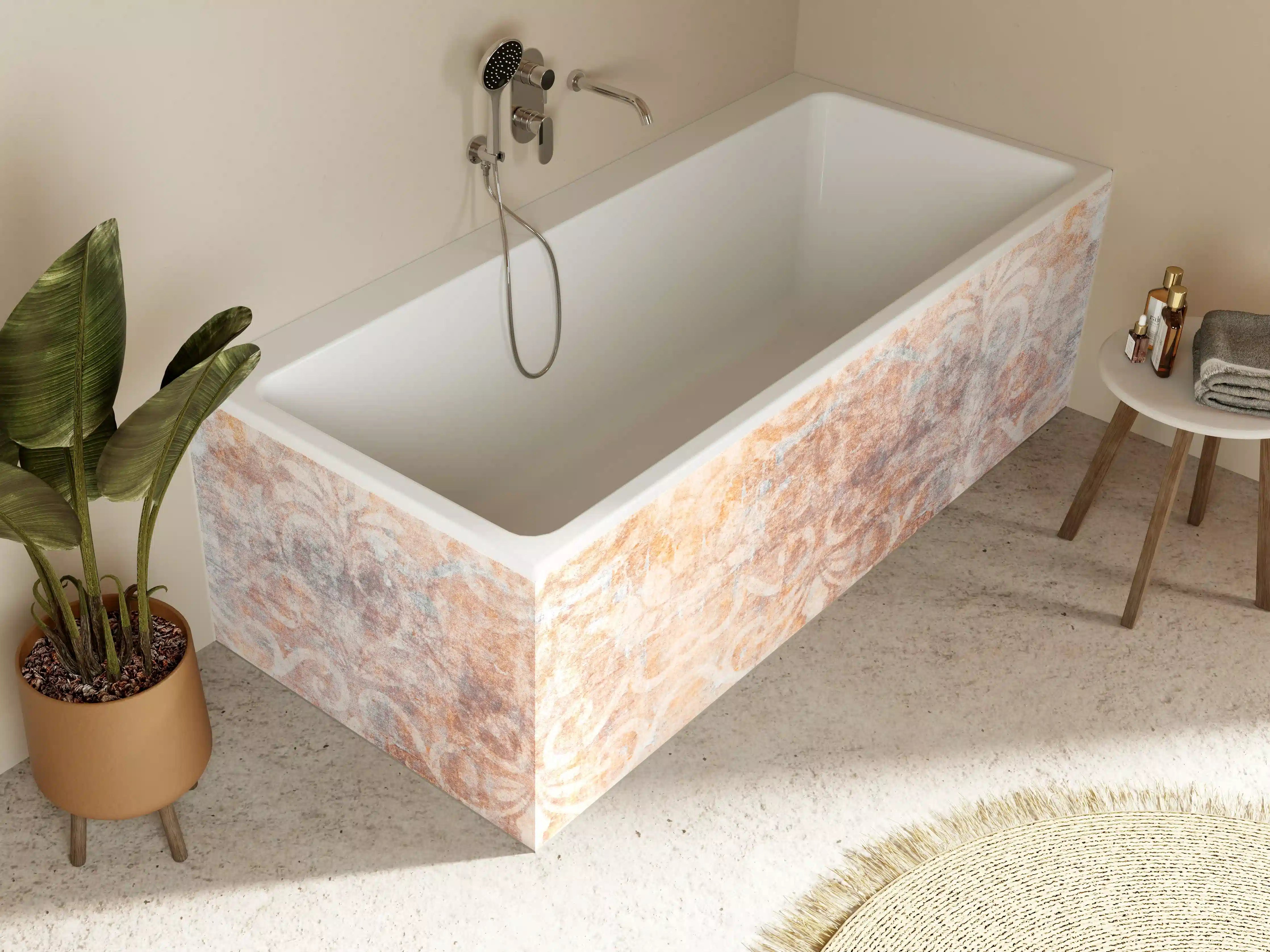 Badewannen-Rückwand - Alte braun-orange-weiß Fliesenpatchwork