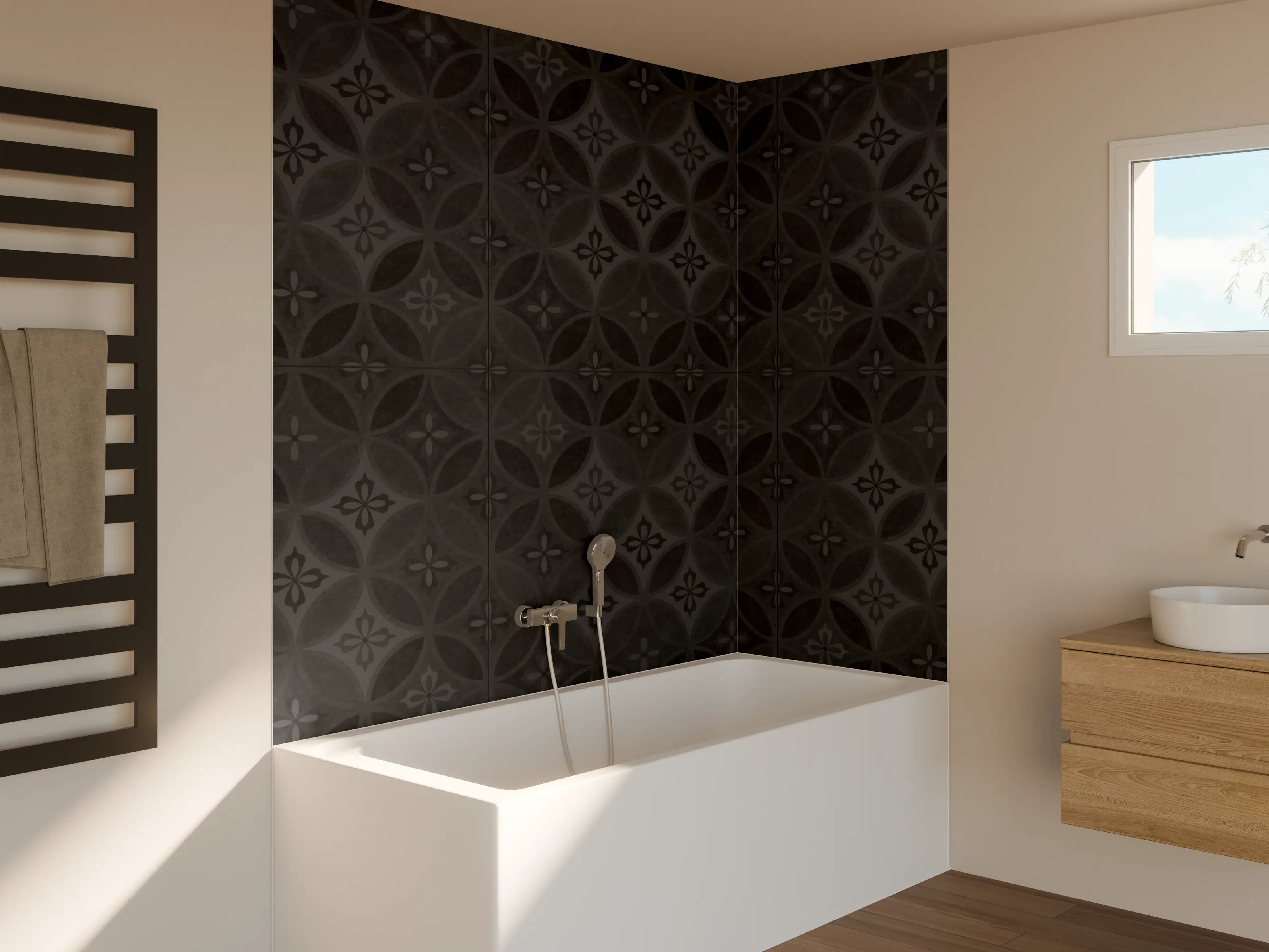 Badewannen-Rückwand - Altes Schwarz-Anthrazit Patchwork Mosaik Motiv