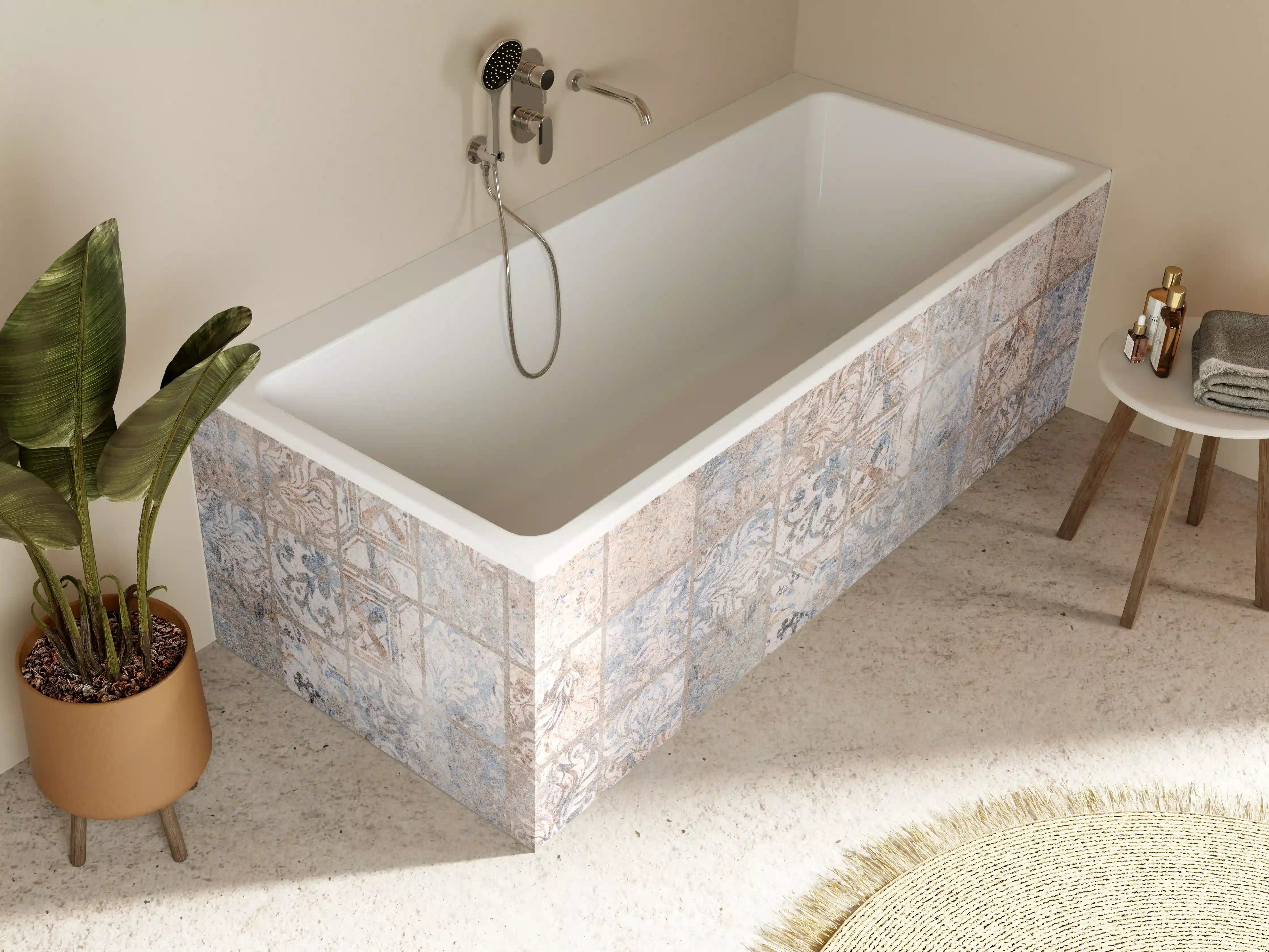 Badewannen-Rückwand - Altes blau-braun Patchwork Motiv