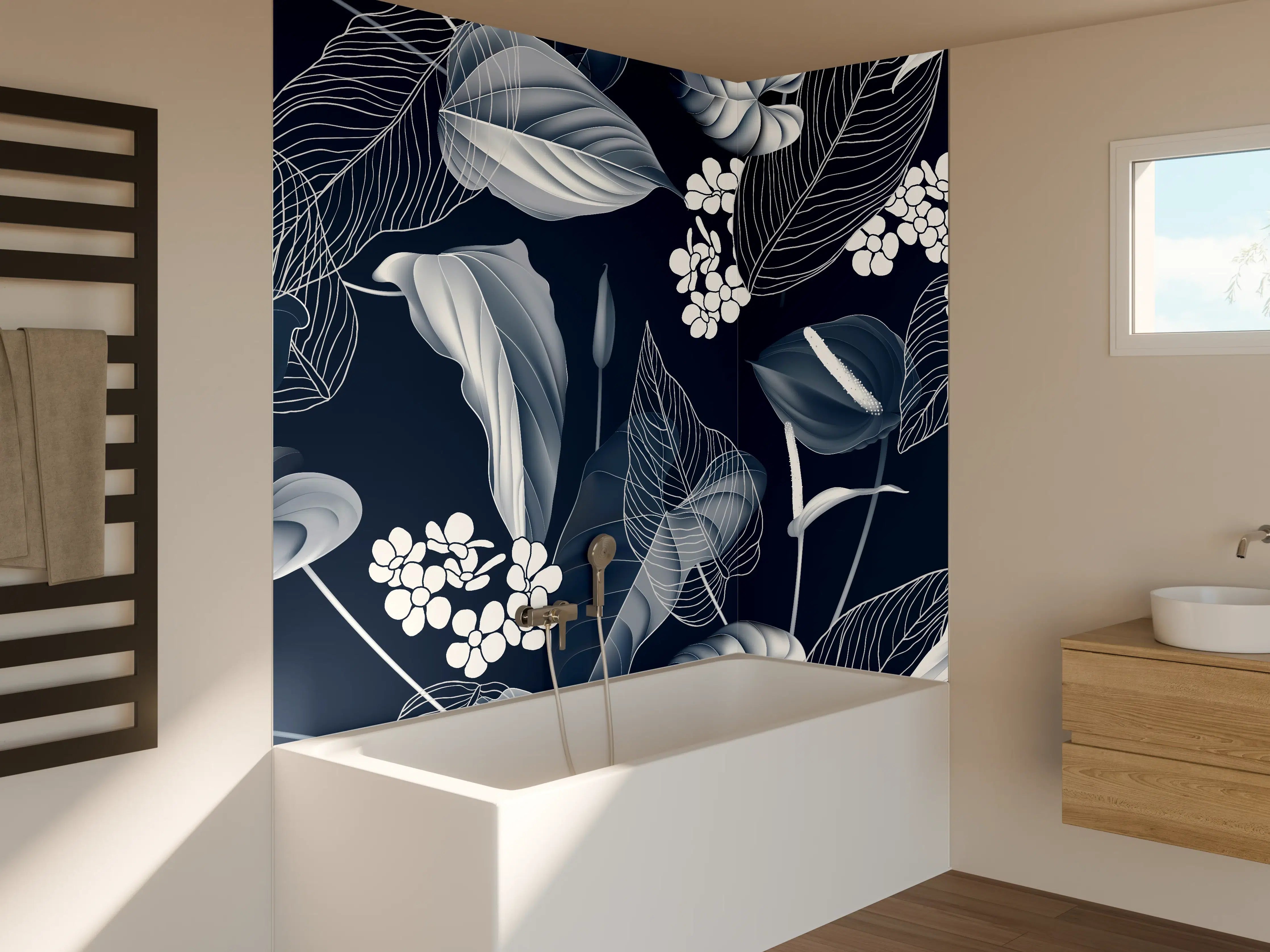Badewannen-Rückwand - Anthurium Blumen Dunkelblau Muster