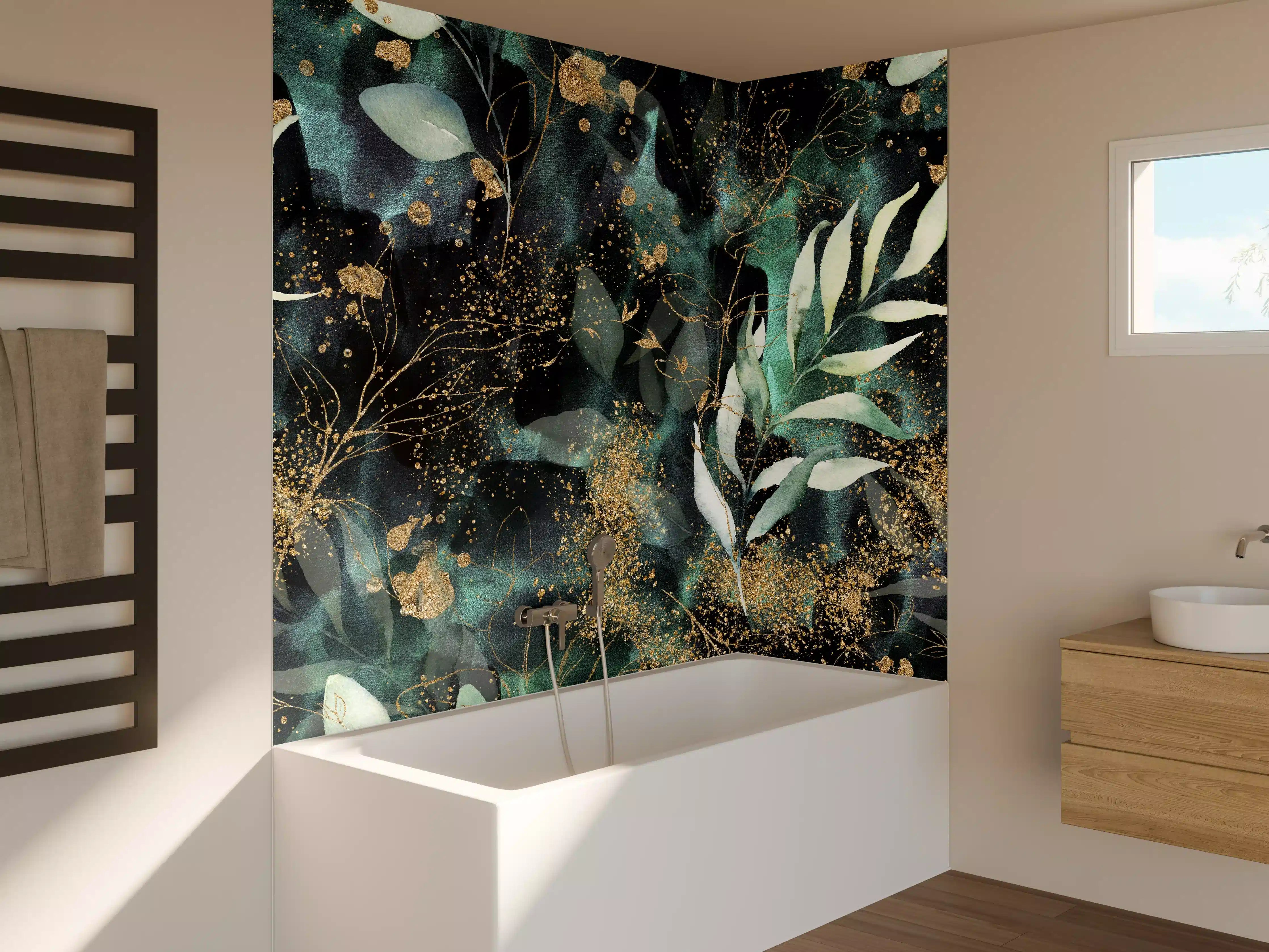 Badewannen-Rückwand - Aquarell - abstrakte Blumen mit gold