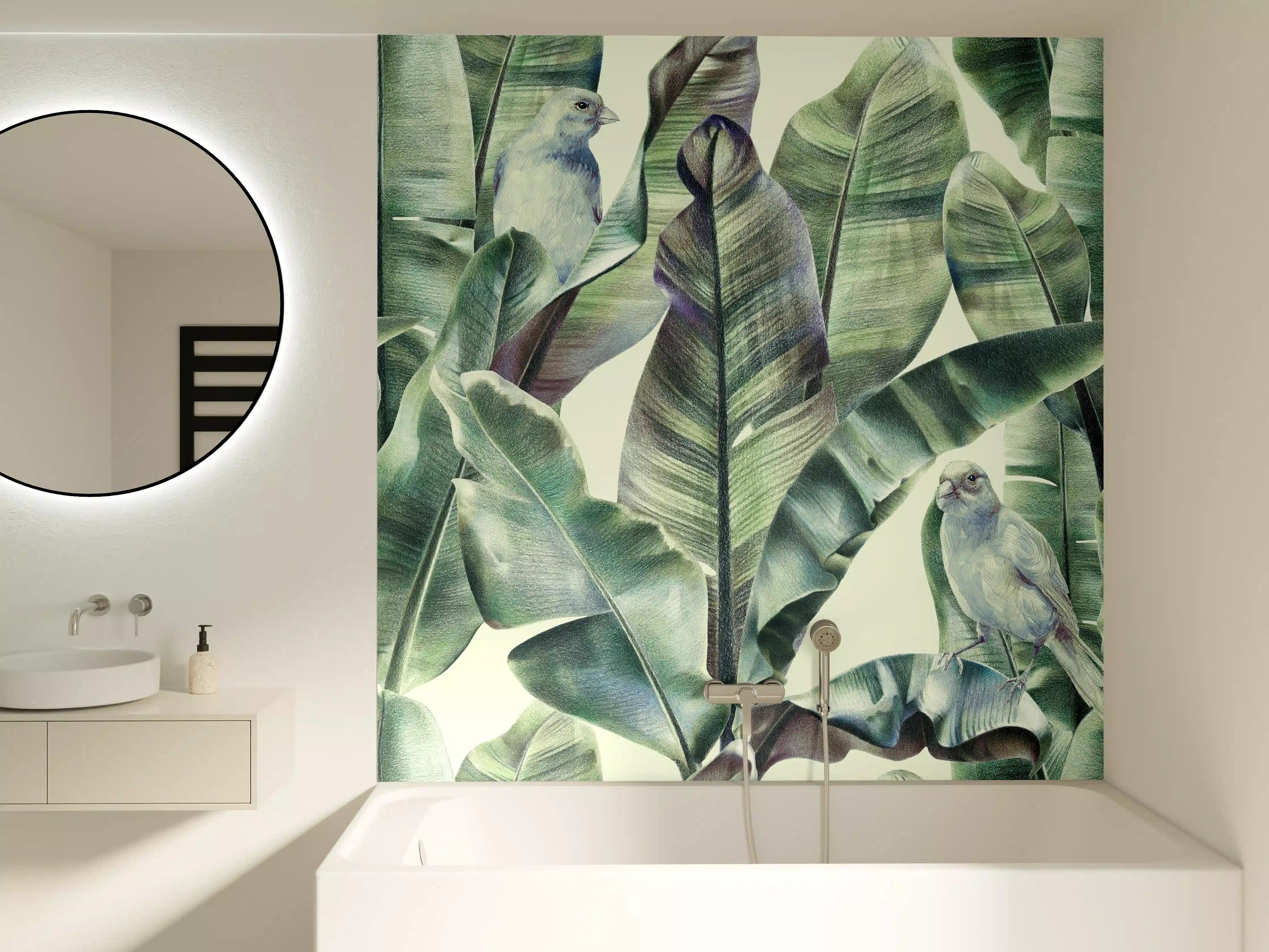 Badewannen-Rückwand - Aquarell - exotischen Vögel auf Bananenblättern