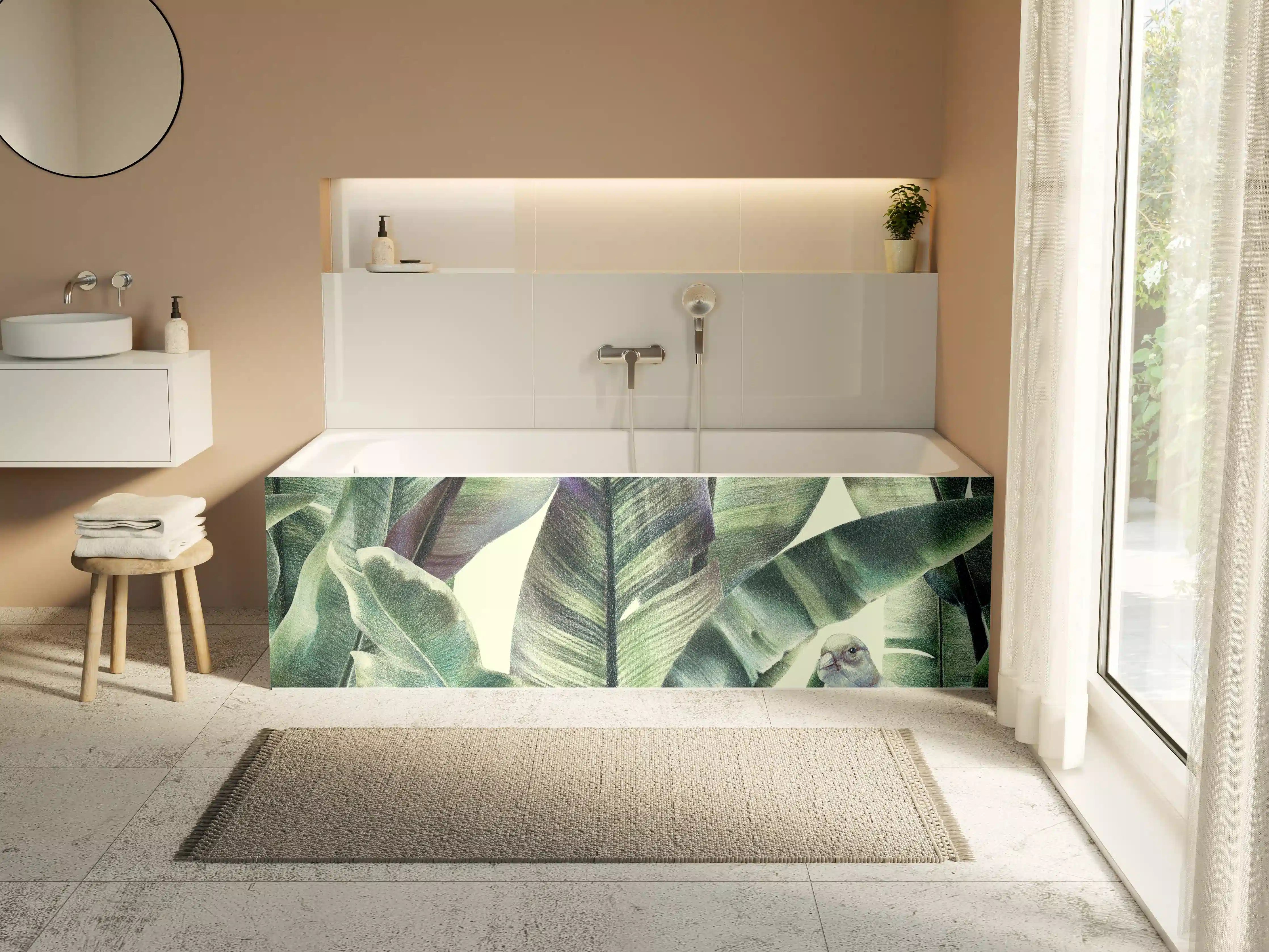 Badewannen-Rückwand - Aquarell - exotischen Vögel auf Bananenblättern