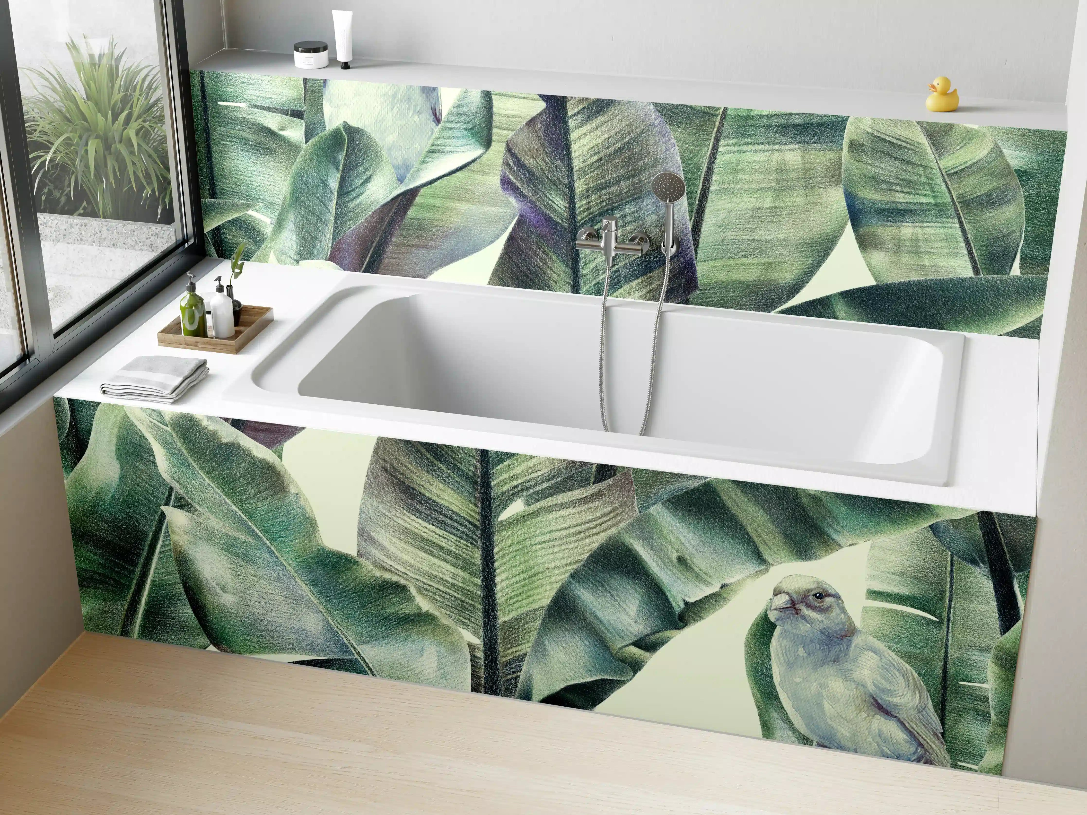 Badewannen-Rückwand - Aquarell - exotischen Vögel auf Bananenblättern