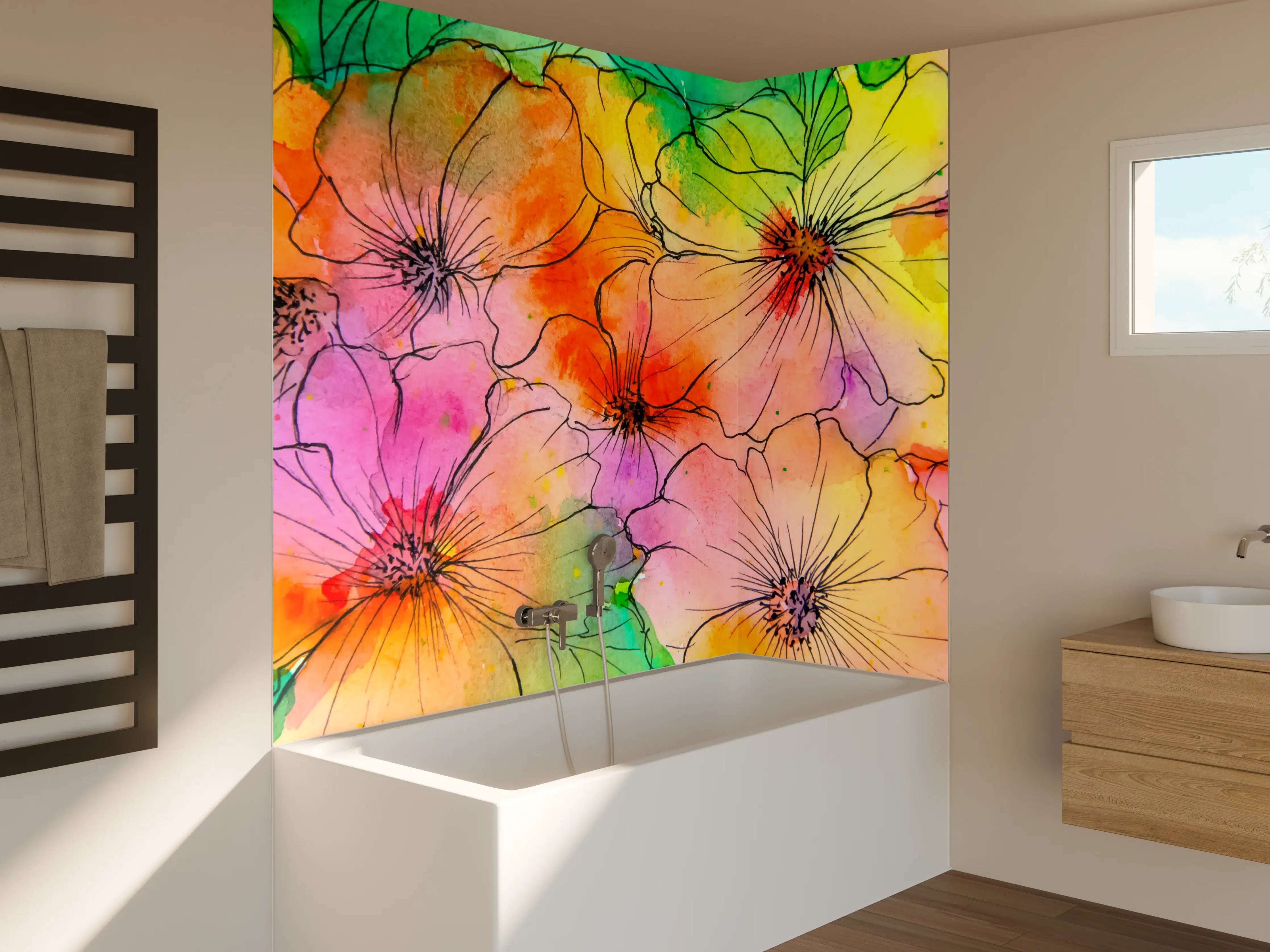 Badewannen-Rückwand - Aquarell Blumen Malerei