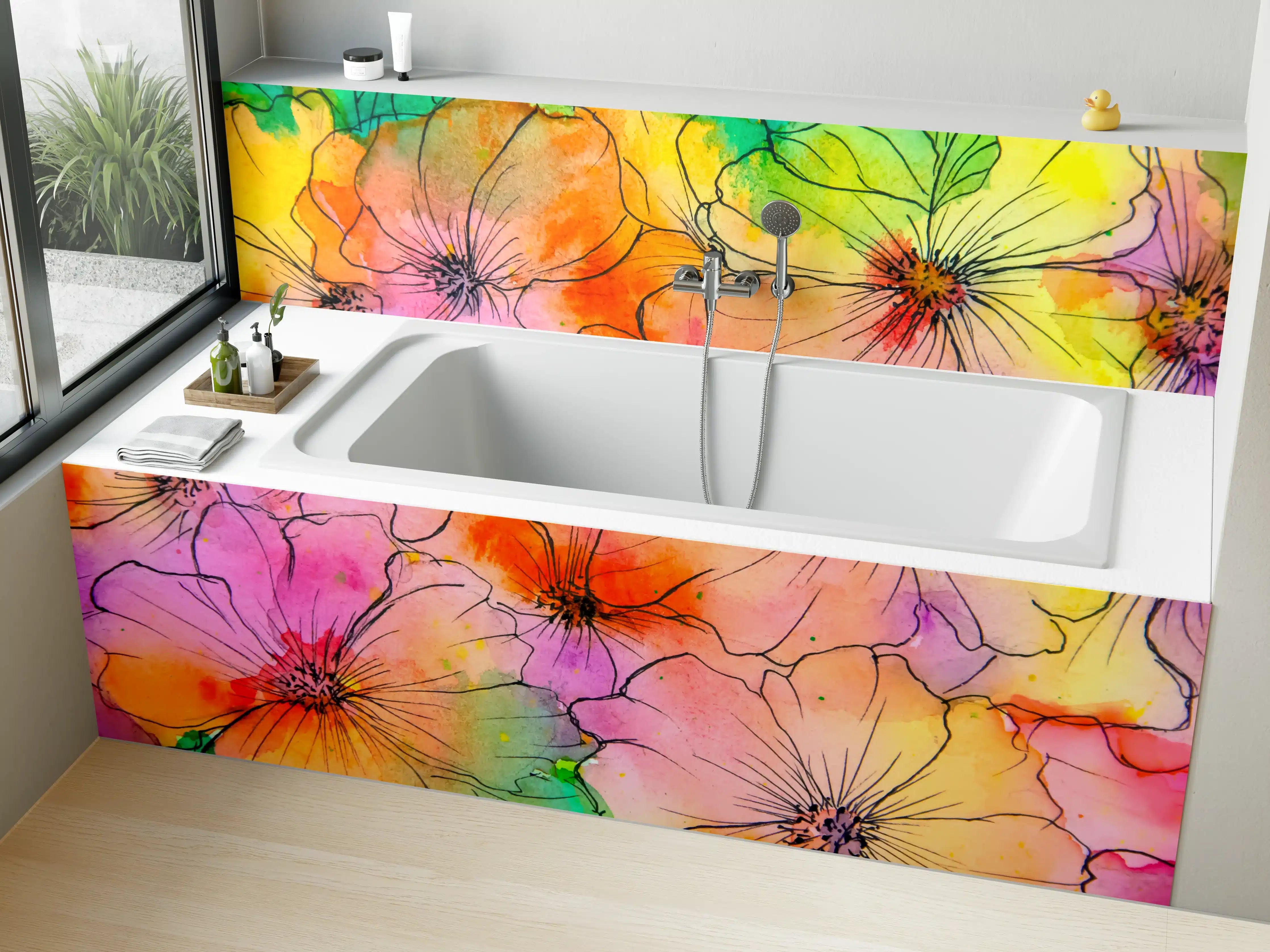 Badewannen-Rückwand - Aquarell Blumen Malerei