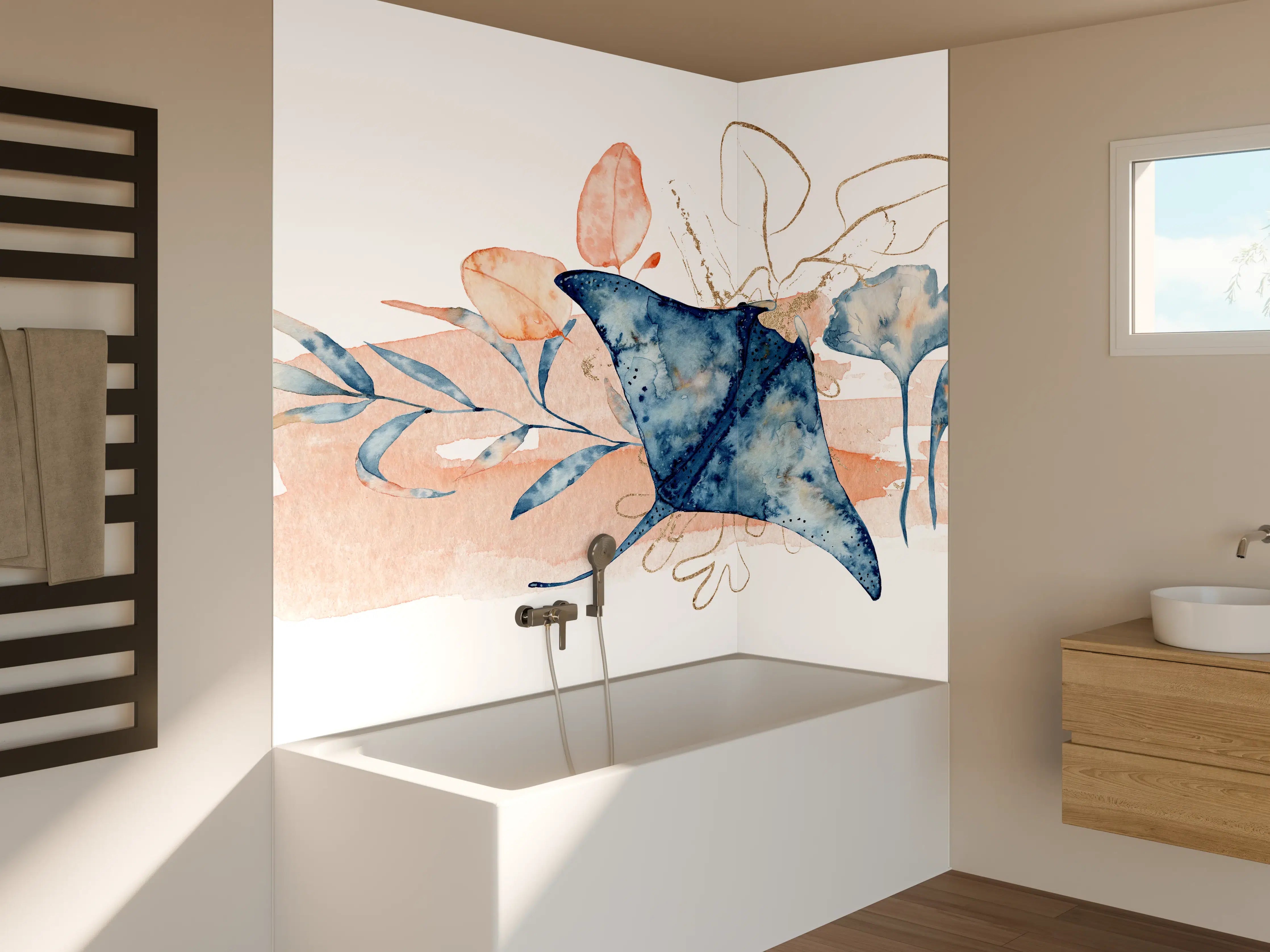 Badewannen-Rückwand - Aquarell-Illustration eines Rochenfisches 