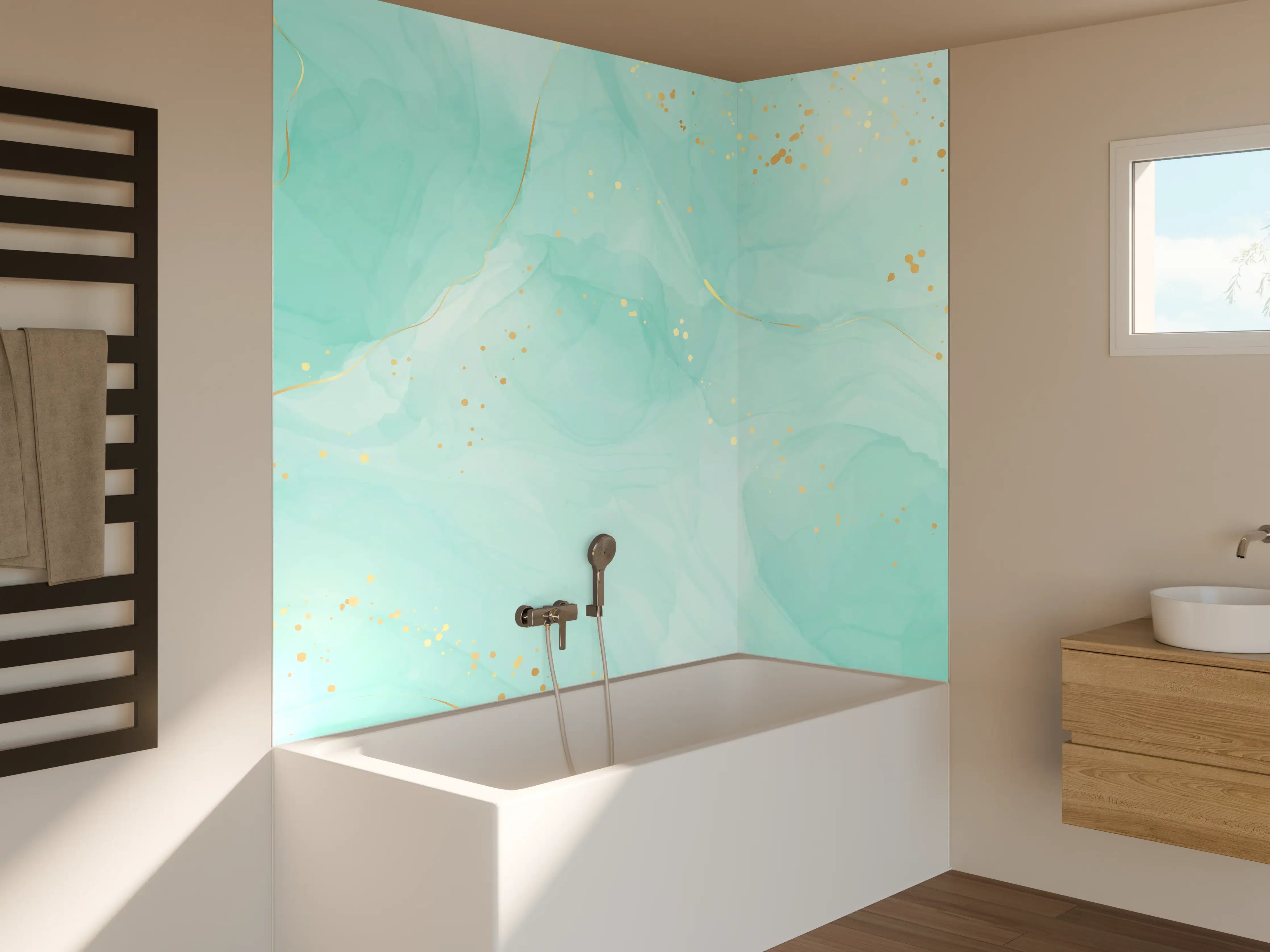 Badewannen-Rückwand - Aquarell-Türkis-Gold-Abstrakt