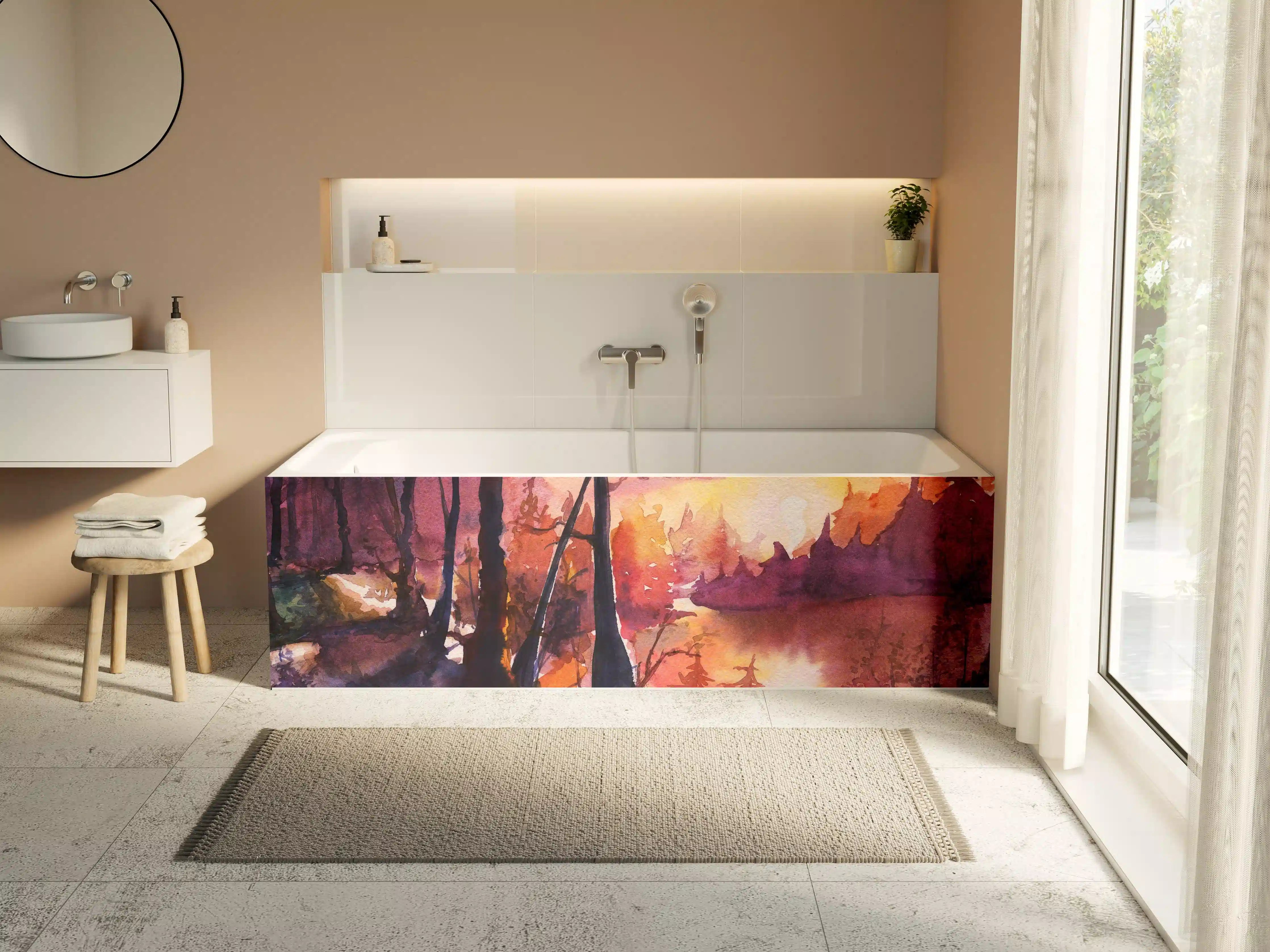 Badewannen-Rückwand - Aquarell Waldlandschaft Malerei