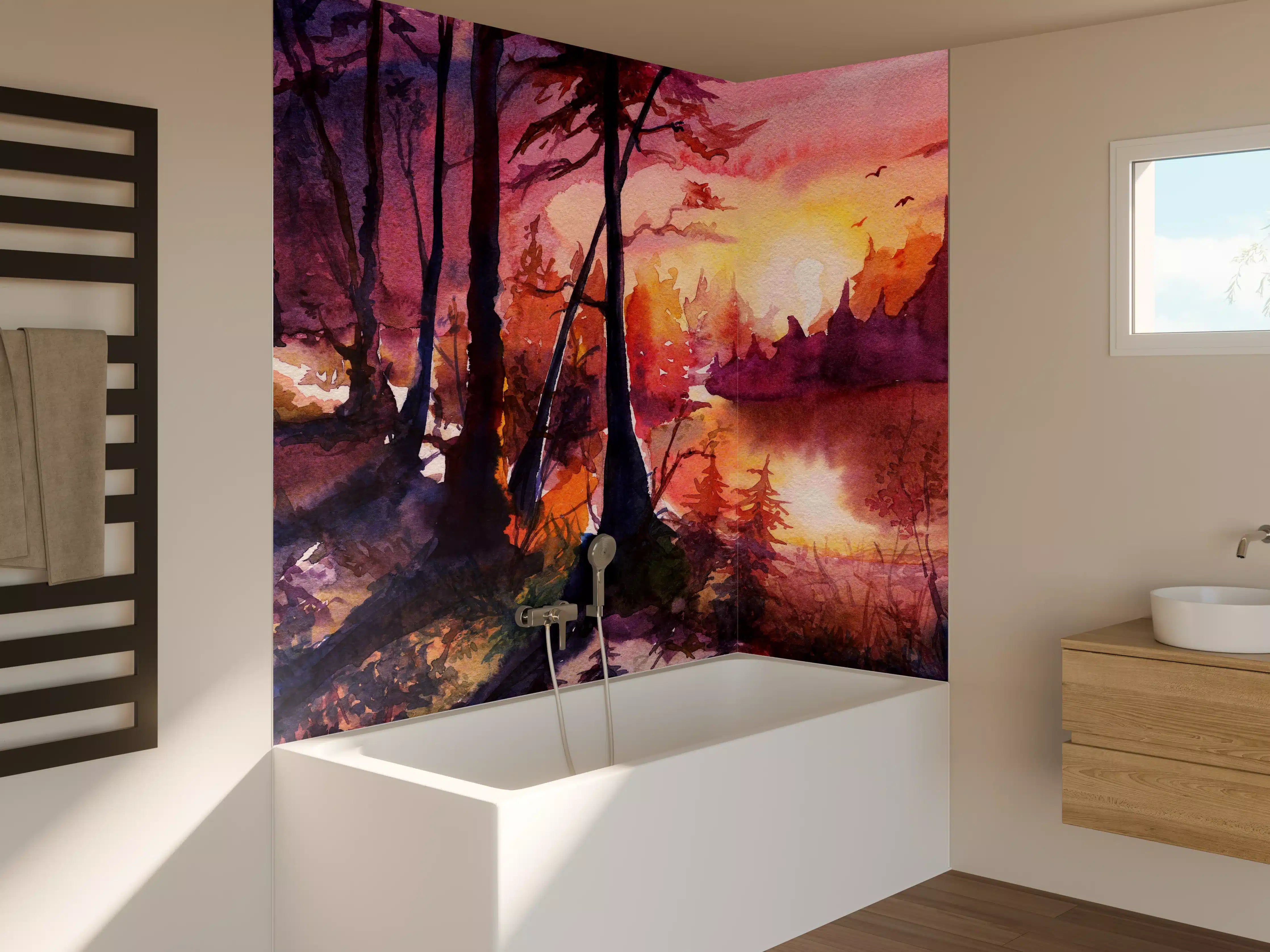 Badewannen-Rückwand - Aquarell Waldlandschaft Malerei
