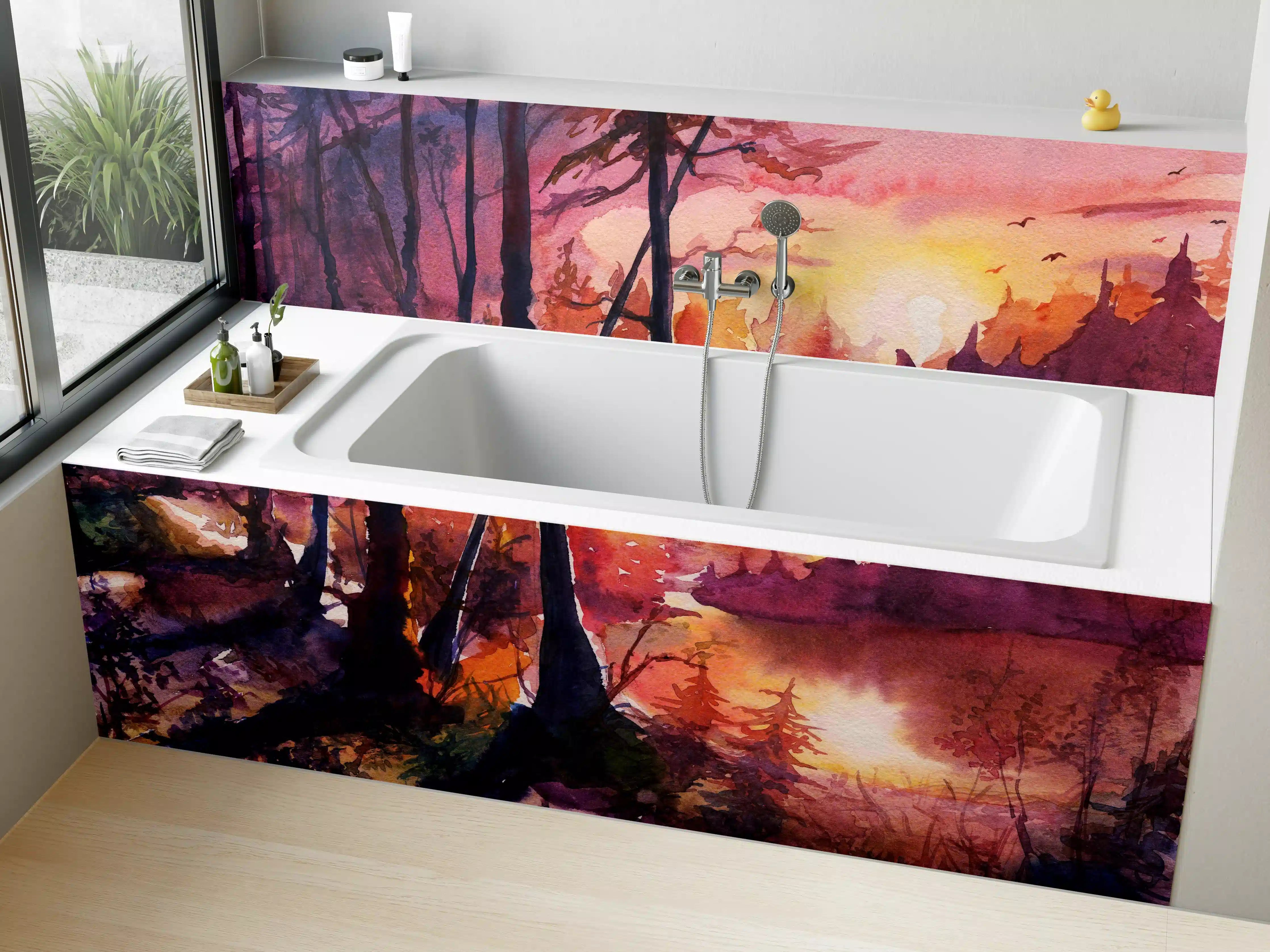 Badewannen-Rückwand - Aquarell Waldlandschaft Malerei