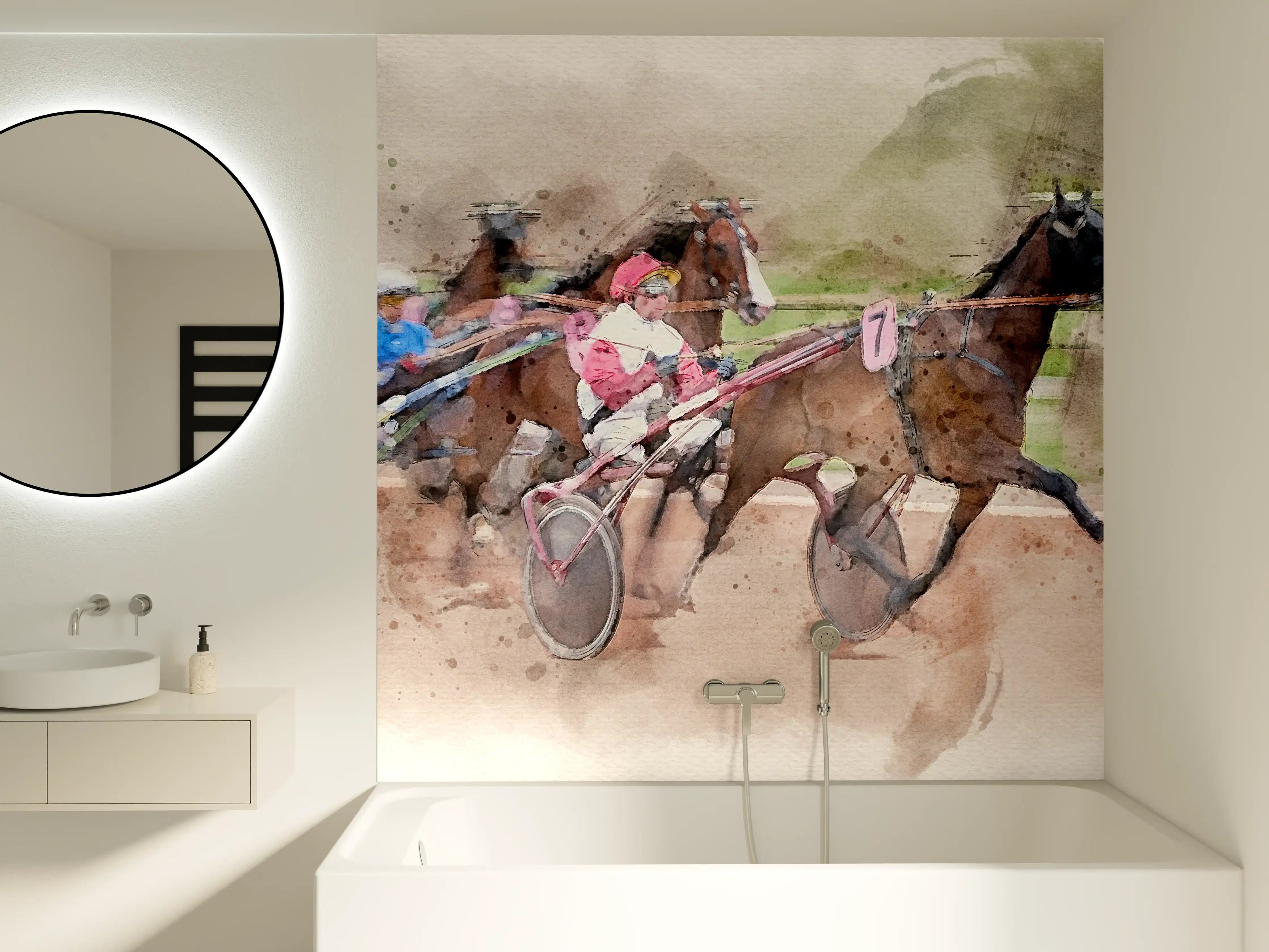 Badewannen-Rückwand - Aquarell eines Trabrennens 