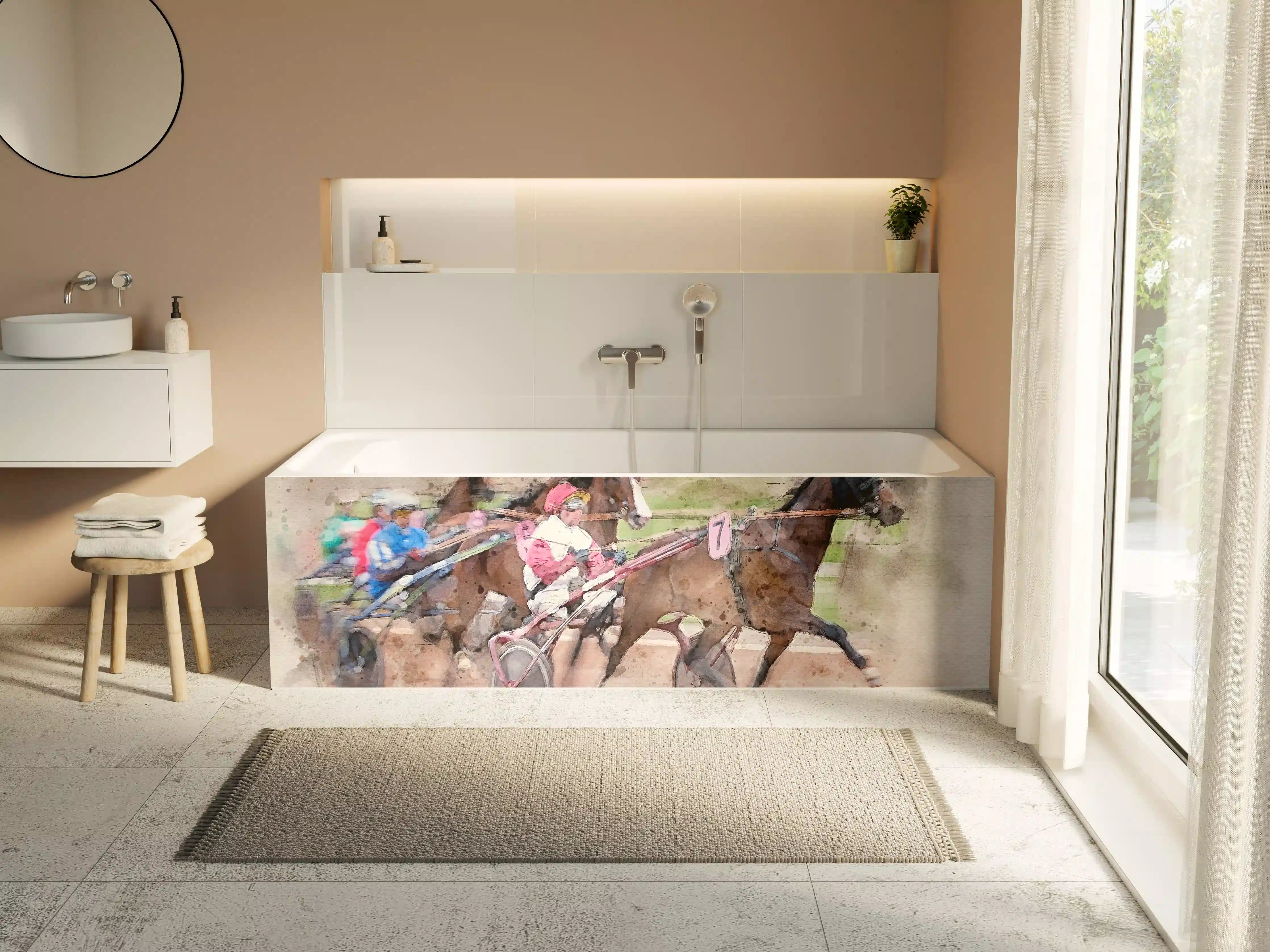 Badewannen-Rückwand - Aquarell eines Trabrennens 