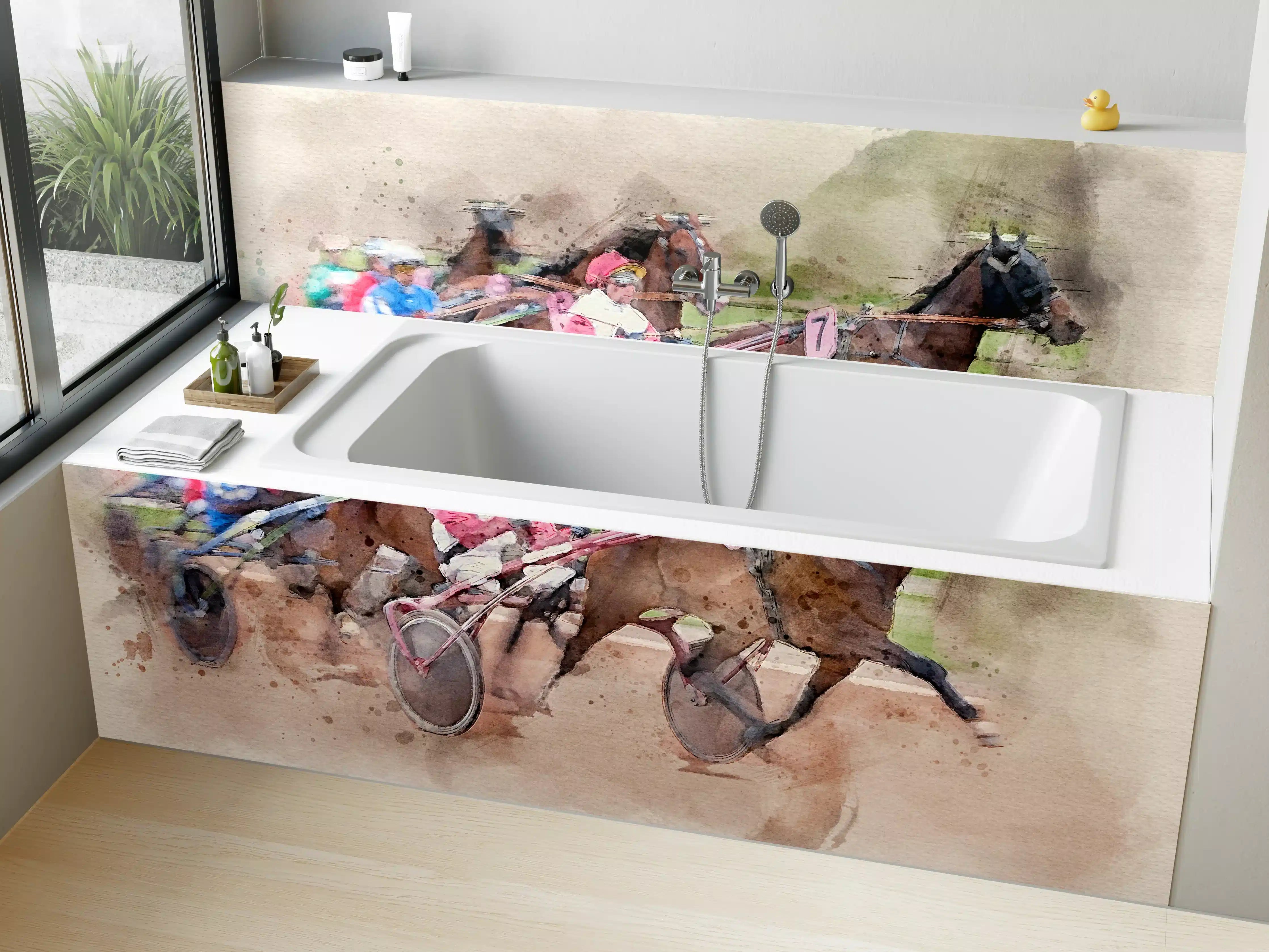 Badewannen-Rückwand - Aquarell eines Trabrennens 