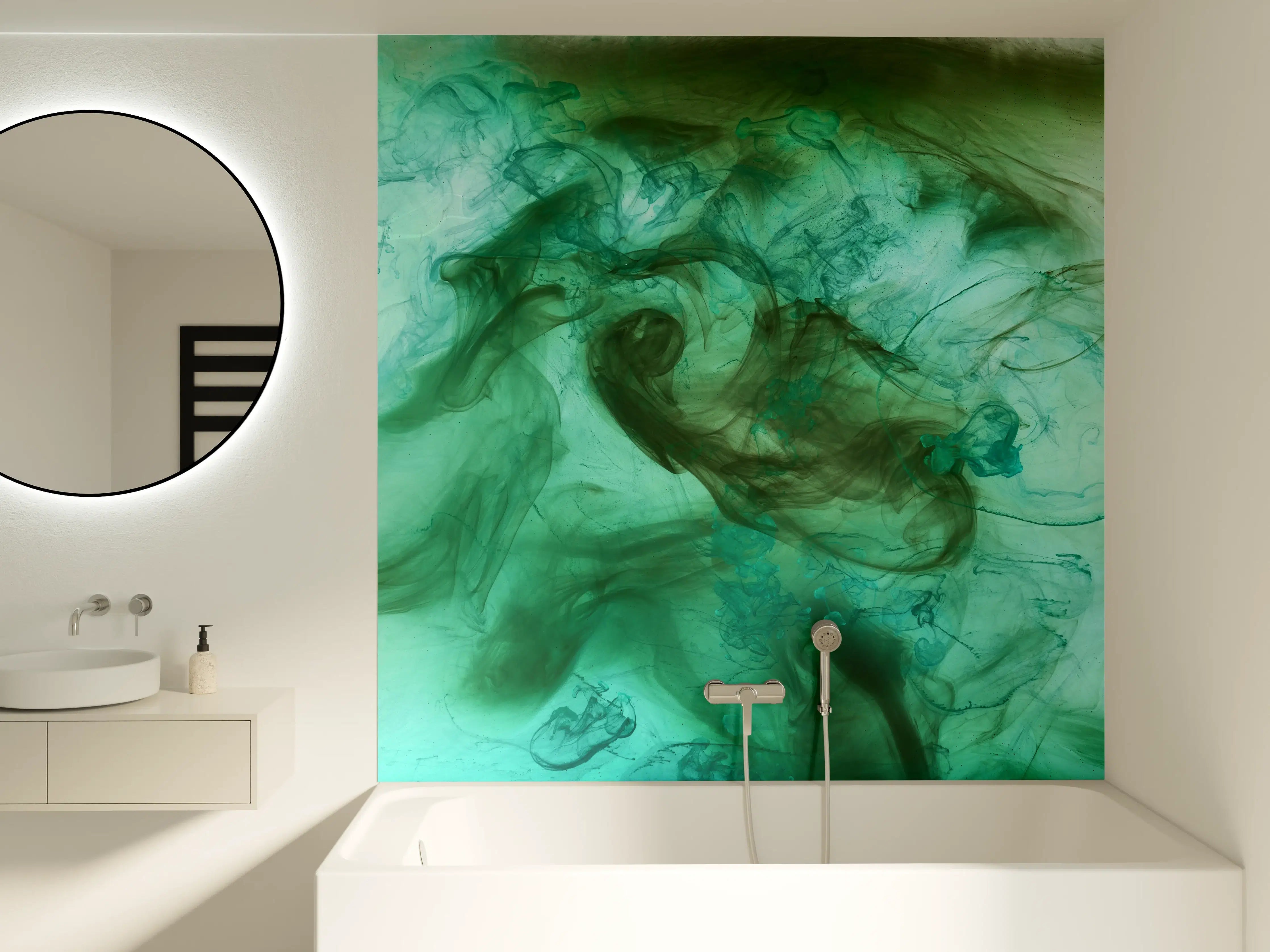 Badewannen-Rückwand - Aquarellartige grüne und blaue Farbexplosion