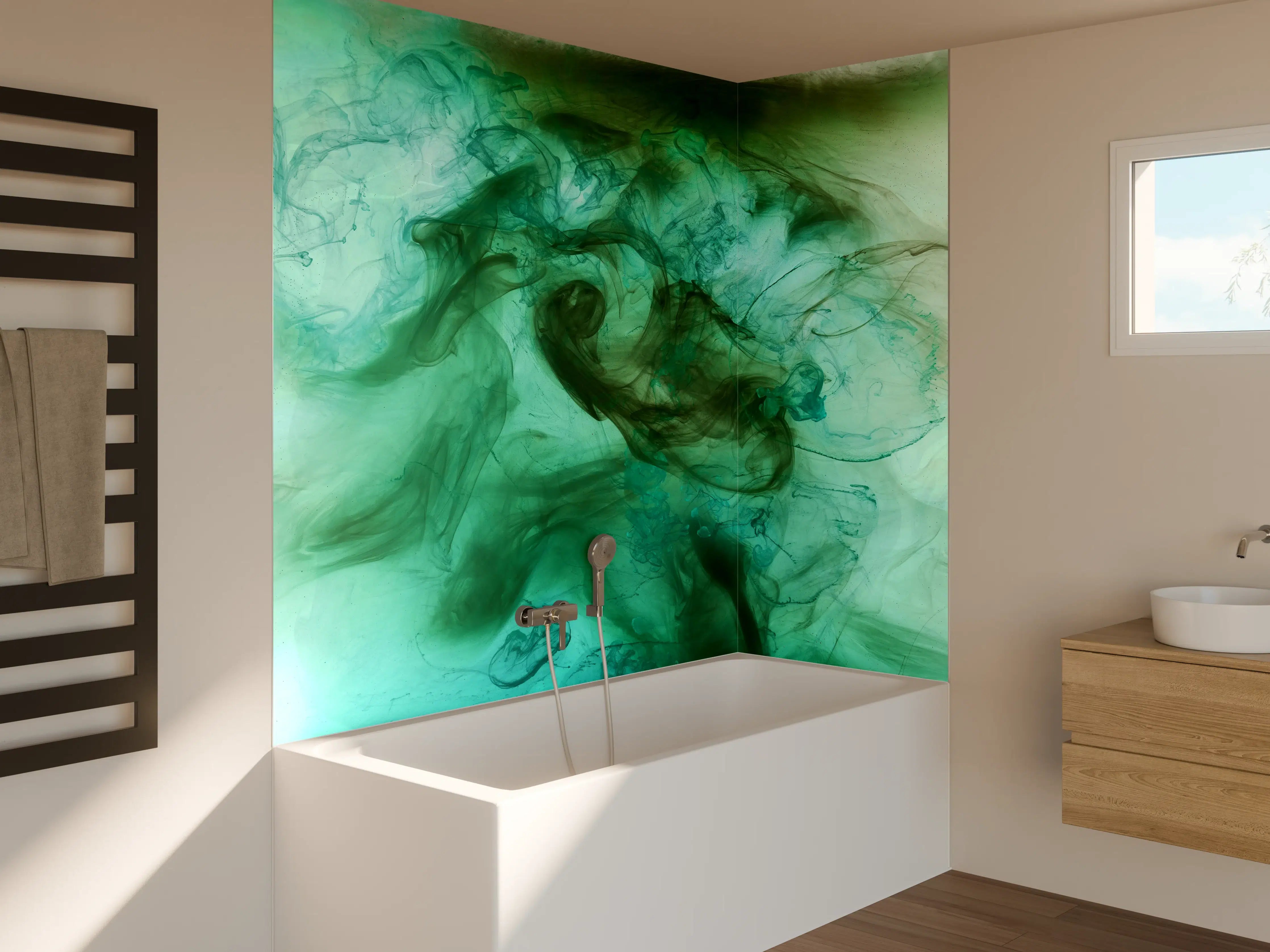 Badewannen-Rückwand - Aquarellartige grüne und blaue Farbexplosion