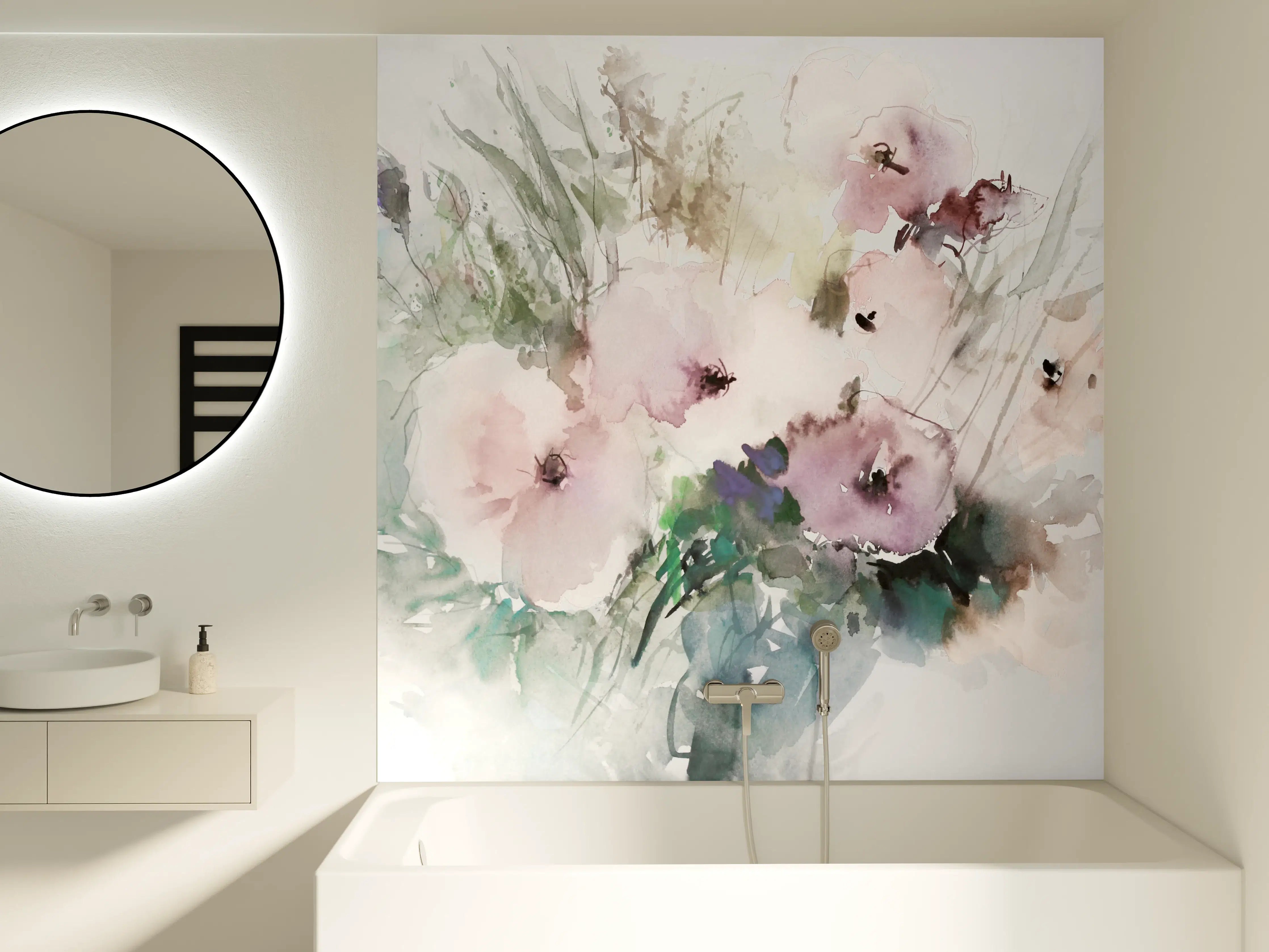 Badewannen-Rückwand - Aquarellierte Blumenkunst in Pastellfarben