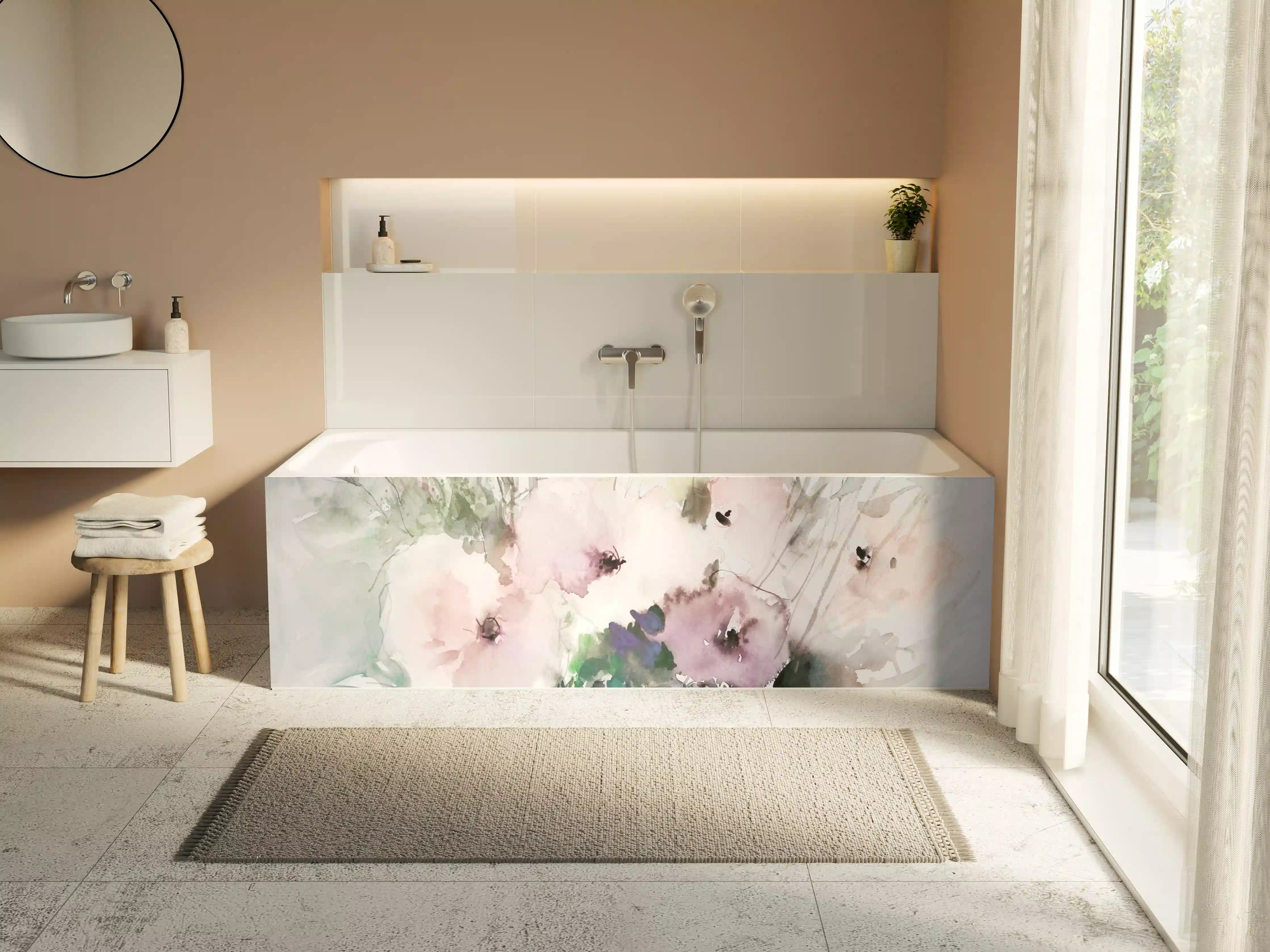 Badewannen-Rückwand - Aquarellierte Blumenkunst in Pastellfarben