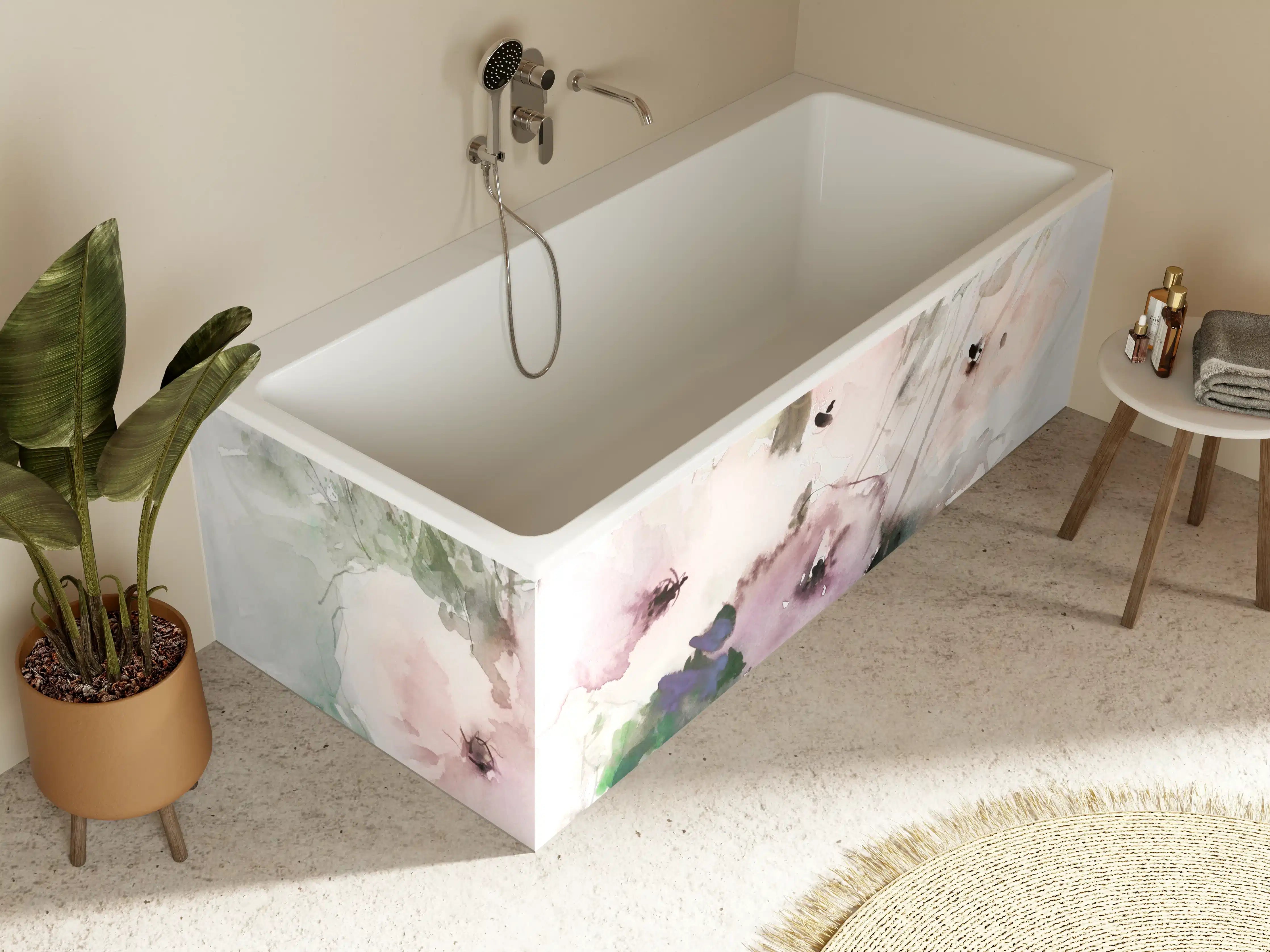 Badewannen-Rückwand - Aquarellierte Blumenkunst in Pastellfarben