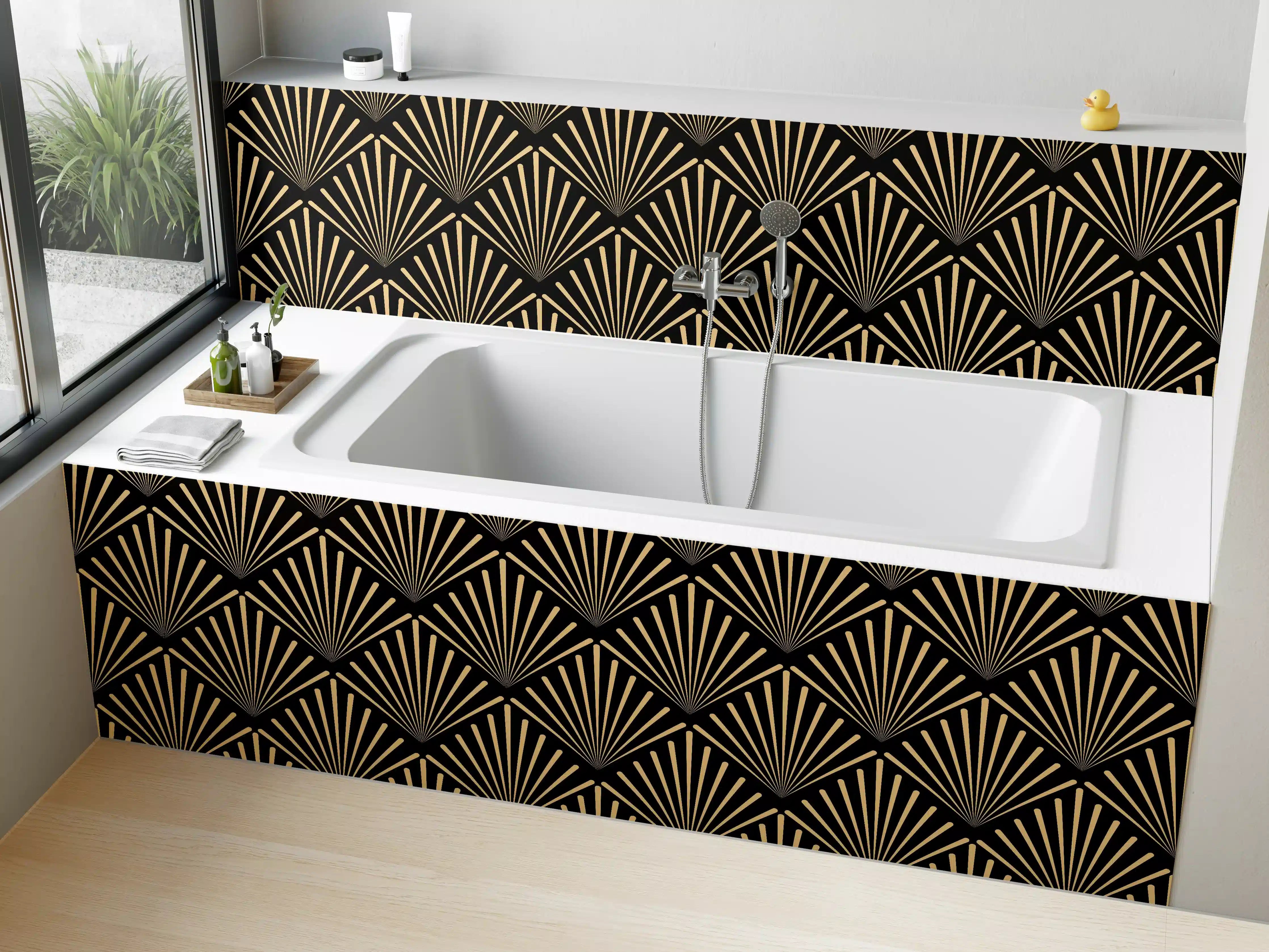 Badewannen-Rückwand - Art-Deco-Muster Gold Schwarz