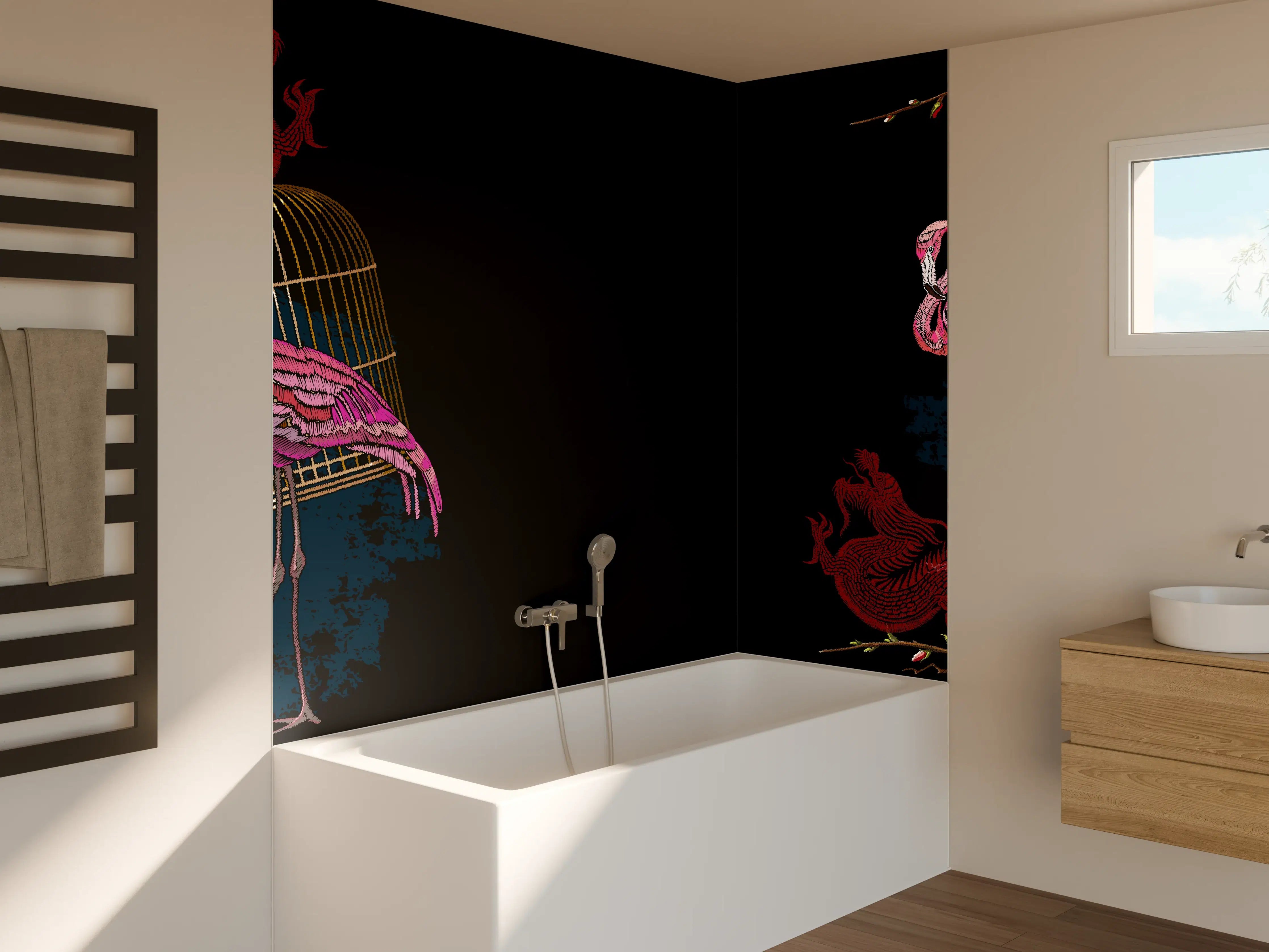 Badewannen-Rückwand - Asiatischer Flamingo Drachenfächer