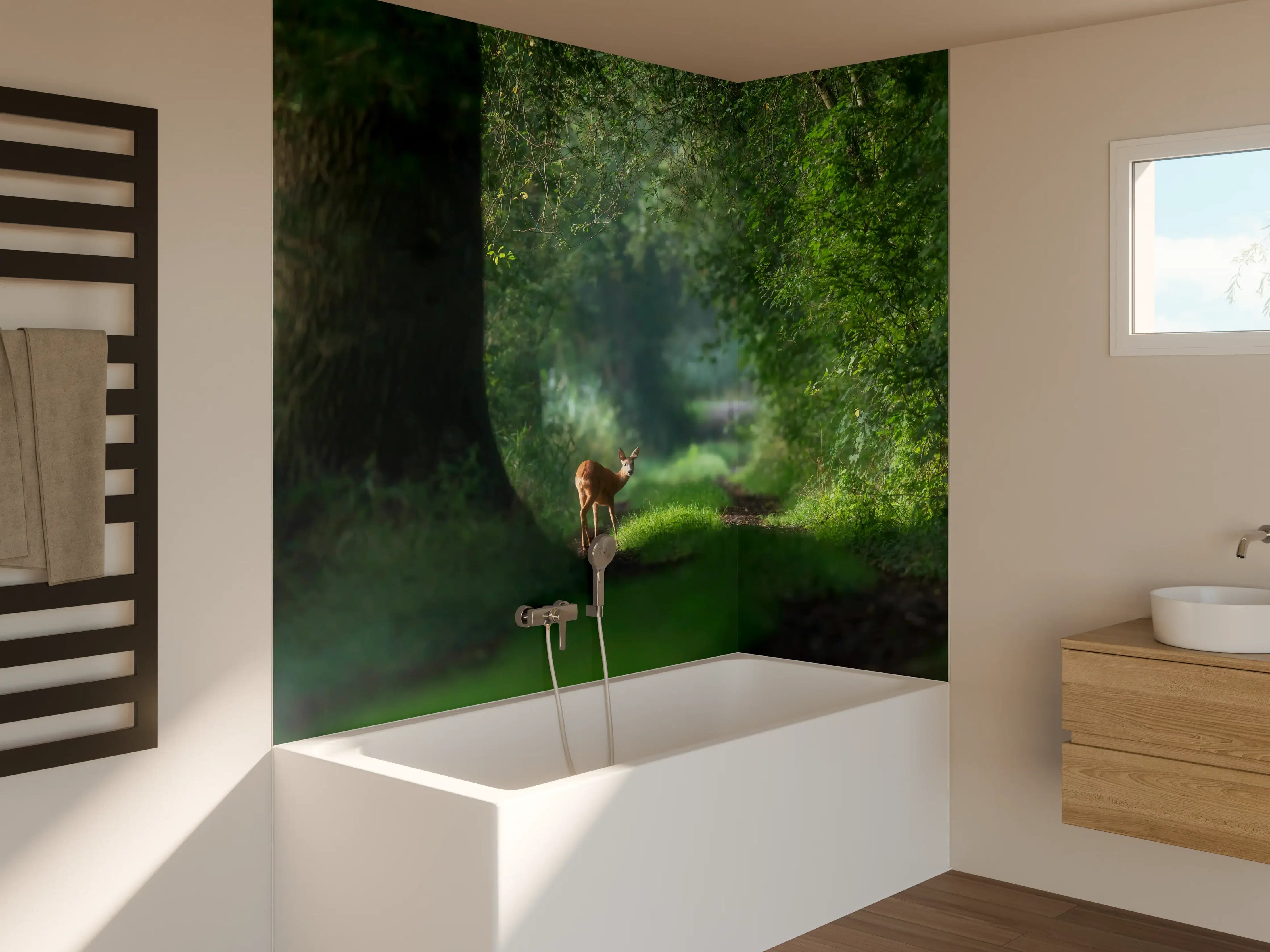 Badewannen-Rückwand - Aufmerksames Rehwild im Wald