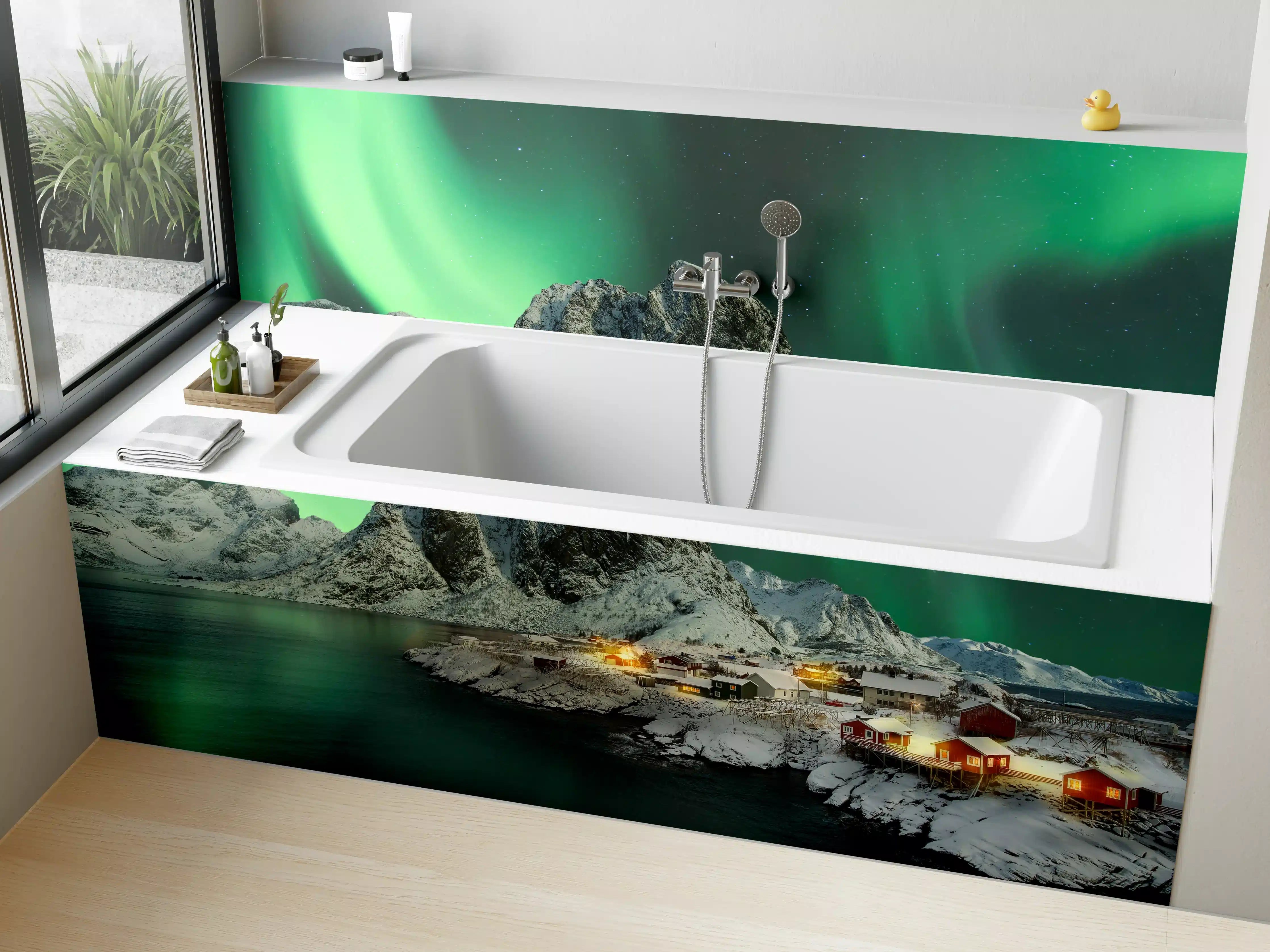 Badewannen-Rückwand - Aurora Borealis über verschneiten Bergen