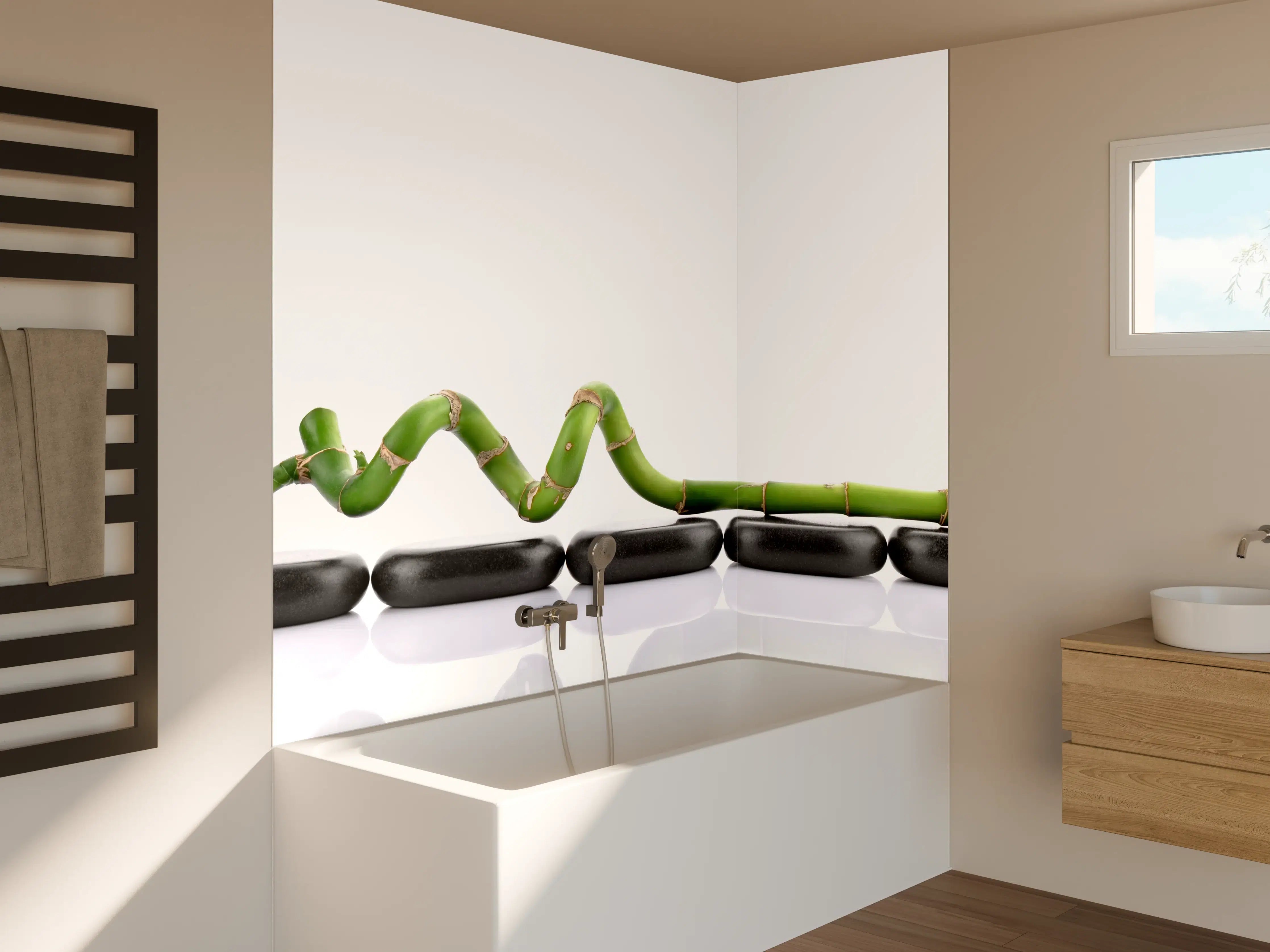 Badewannen-Rückwand - Bambus auf Basaltsteinen