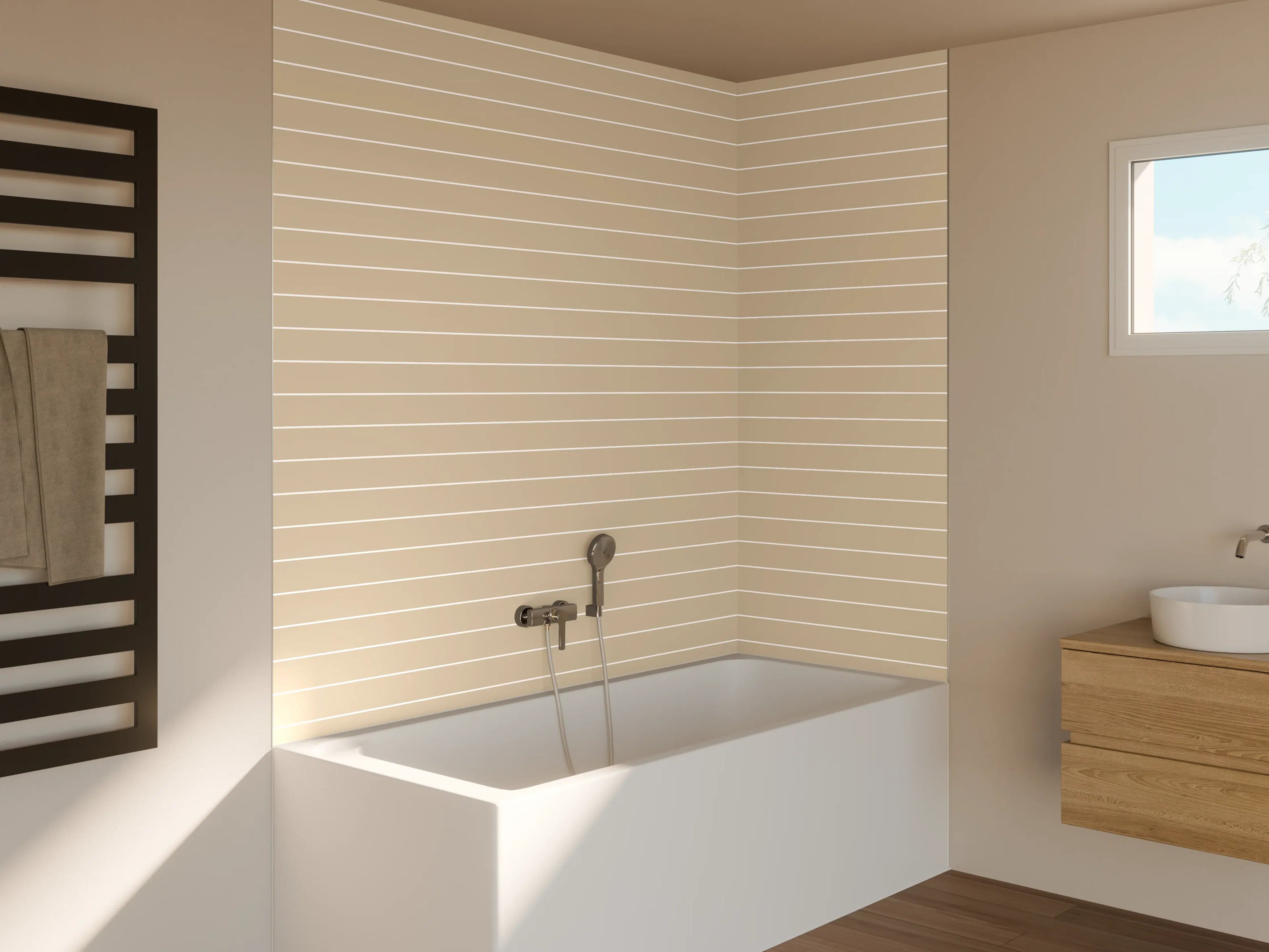 Badewannen-Rückwand - Beige- und Grau-gestreifte Wand mit Textur