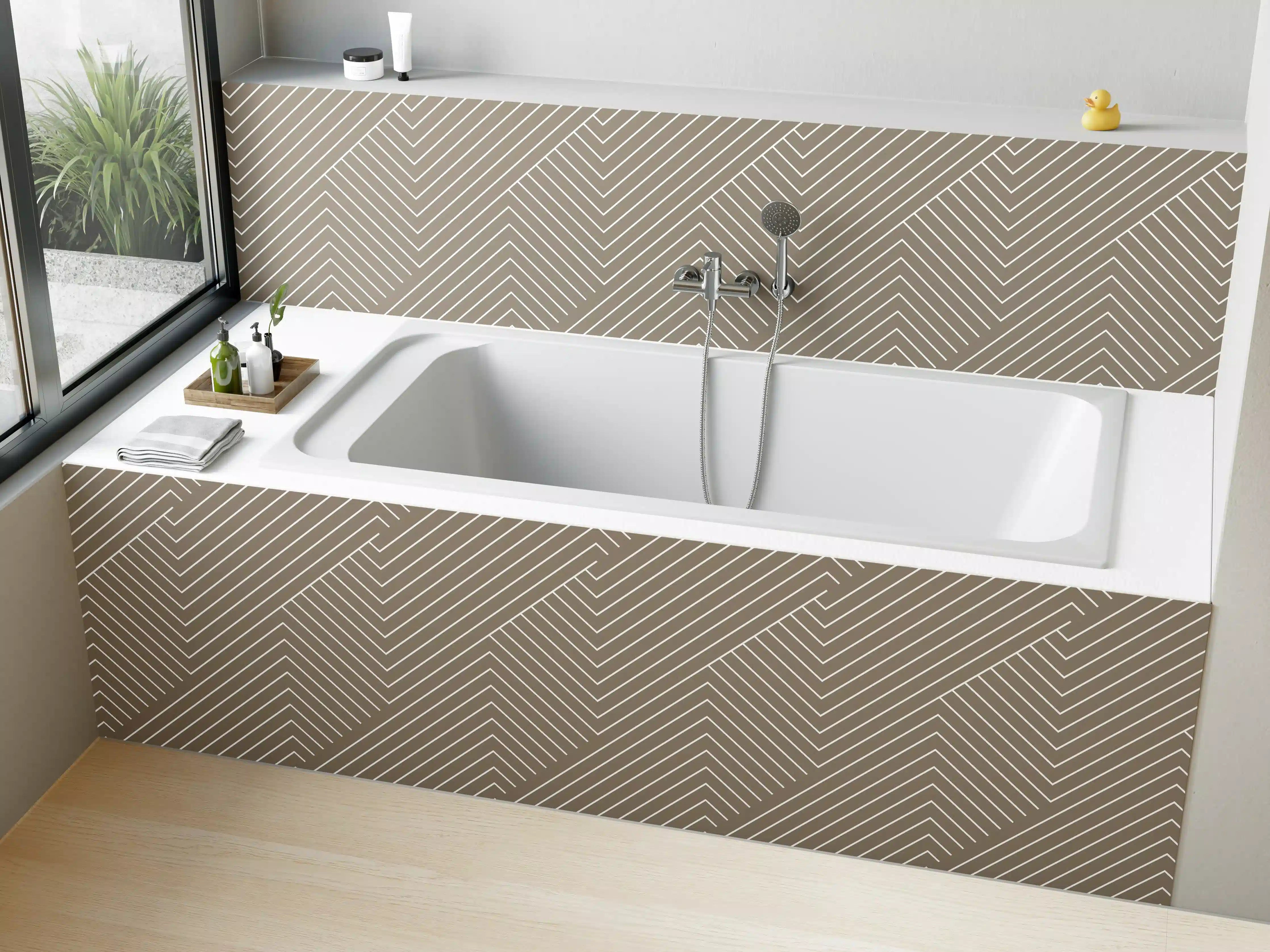 Badewannen-Rückwand - Beige- und Weiß-graue geometrische Linie-Design