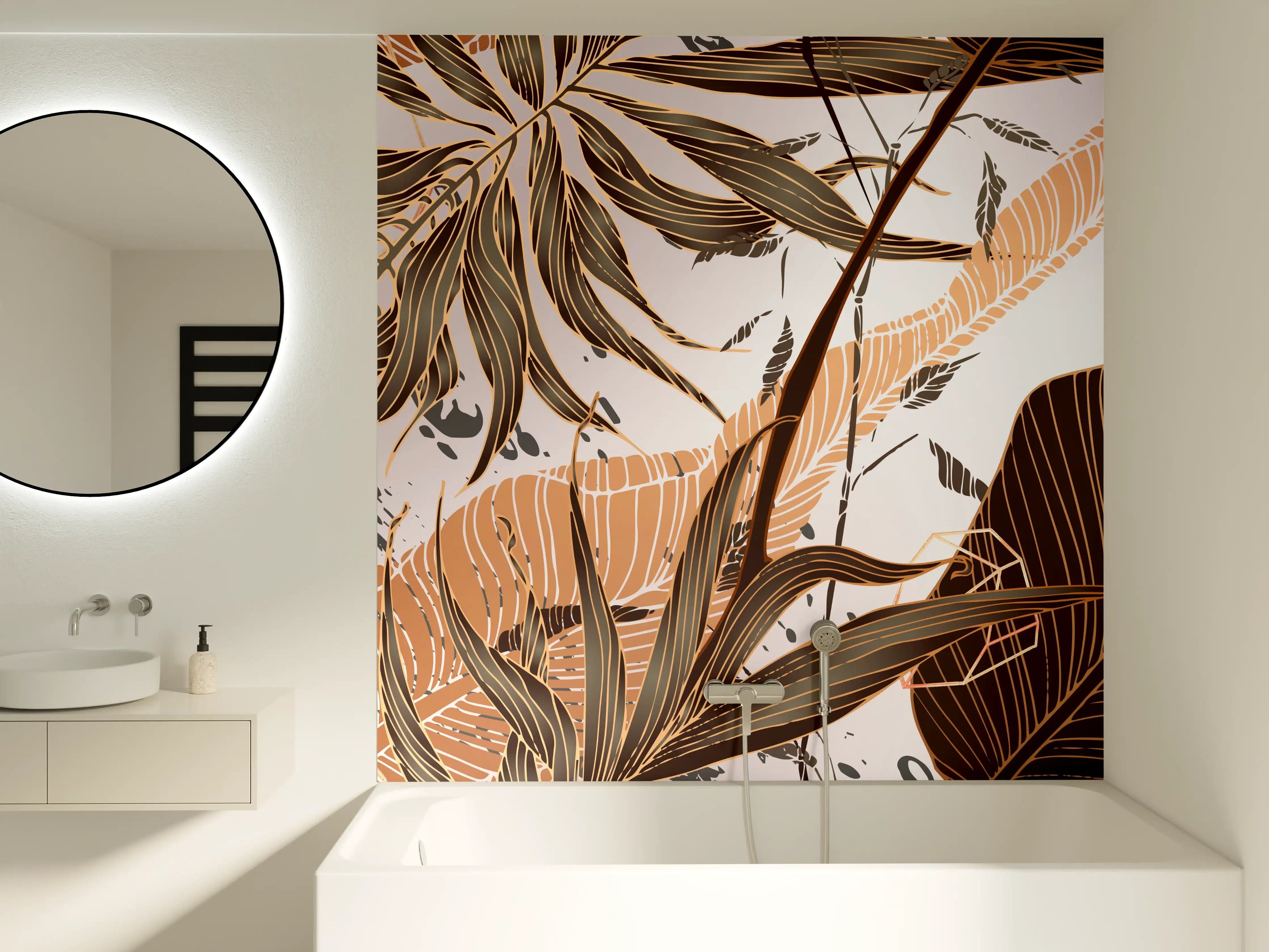 Badewannen-Rückwand - Beige Blattmuster Tapete