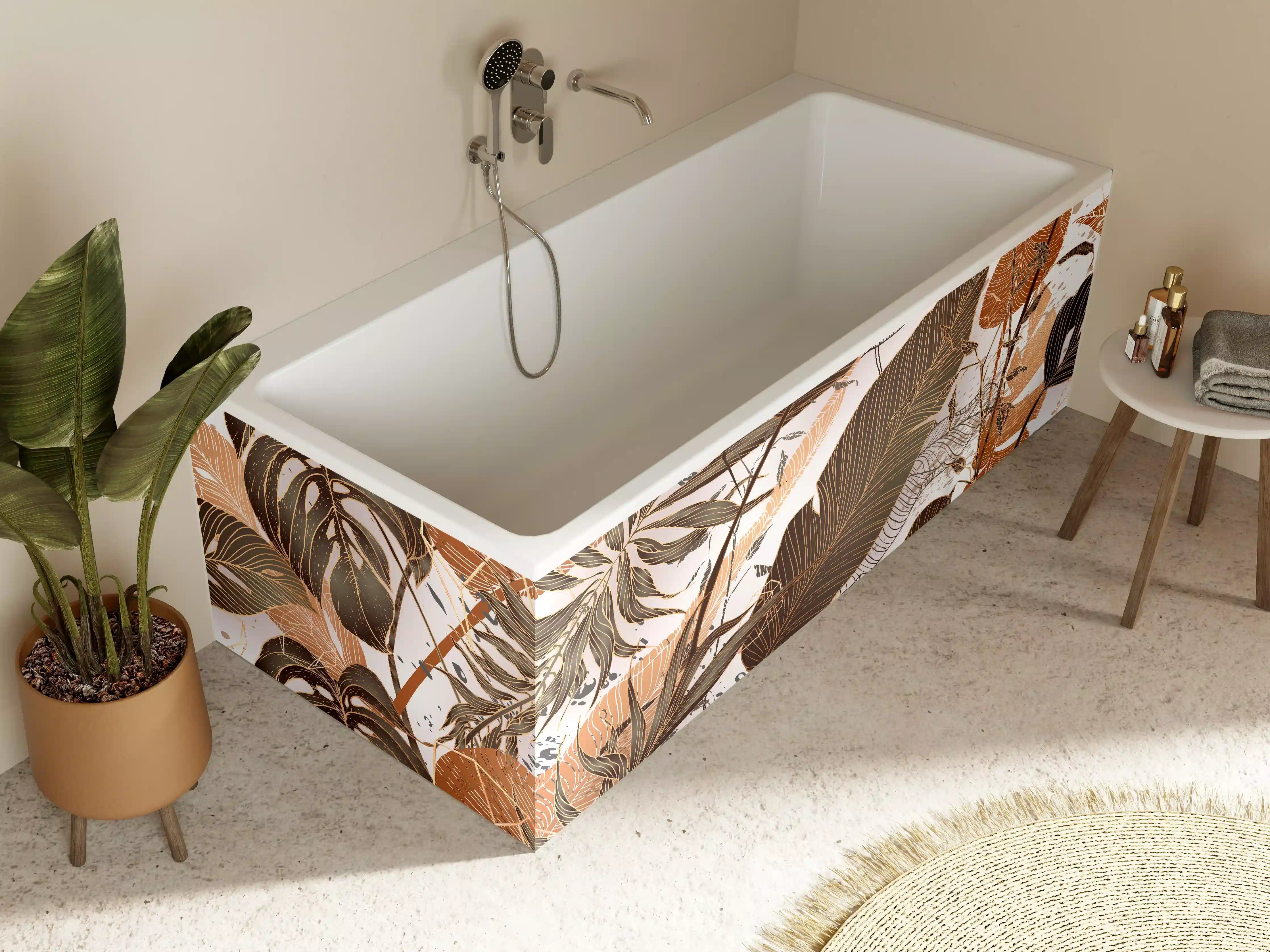 Badewannen-Rückwand - Beige Blattmuster Tapete