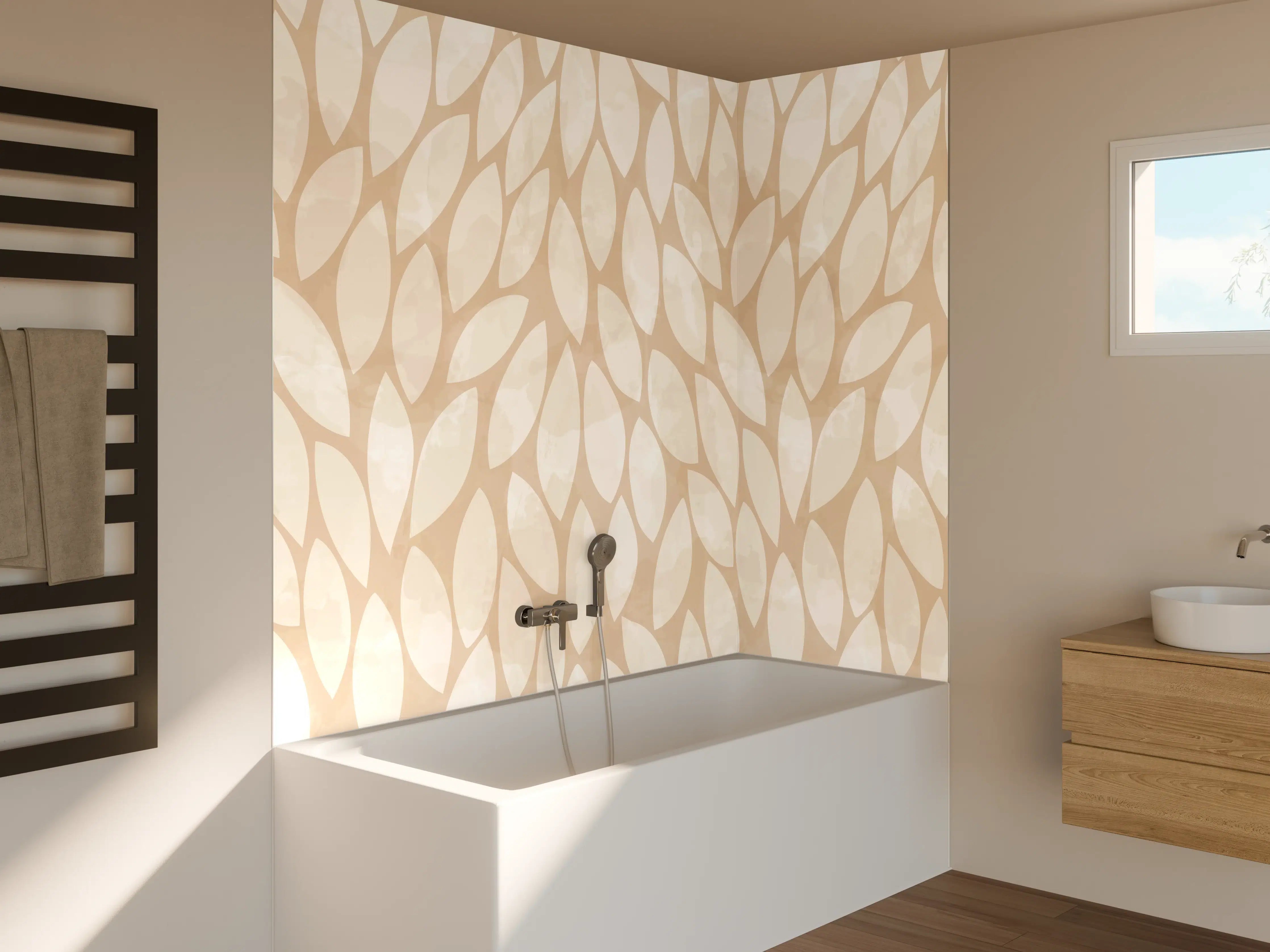 Badewannen-Rückwand - Beige Blattmuster mit zarten Farbtönen
