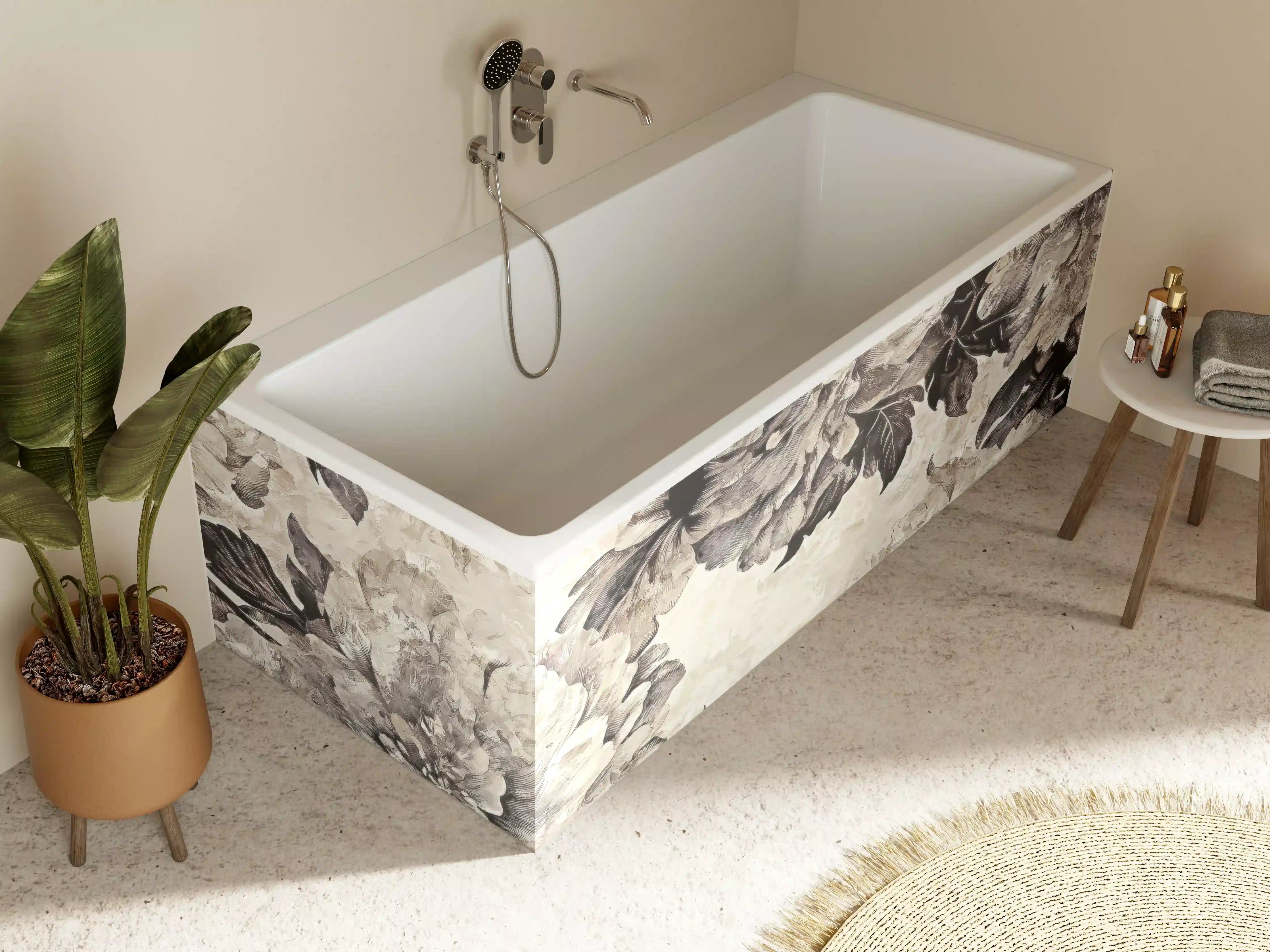 Badewannen-Rückwand - Beige Blumenpanorama Kunstwerk