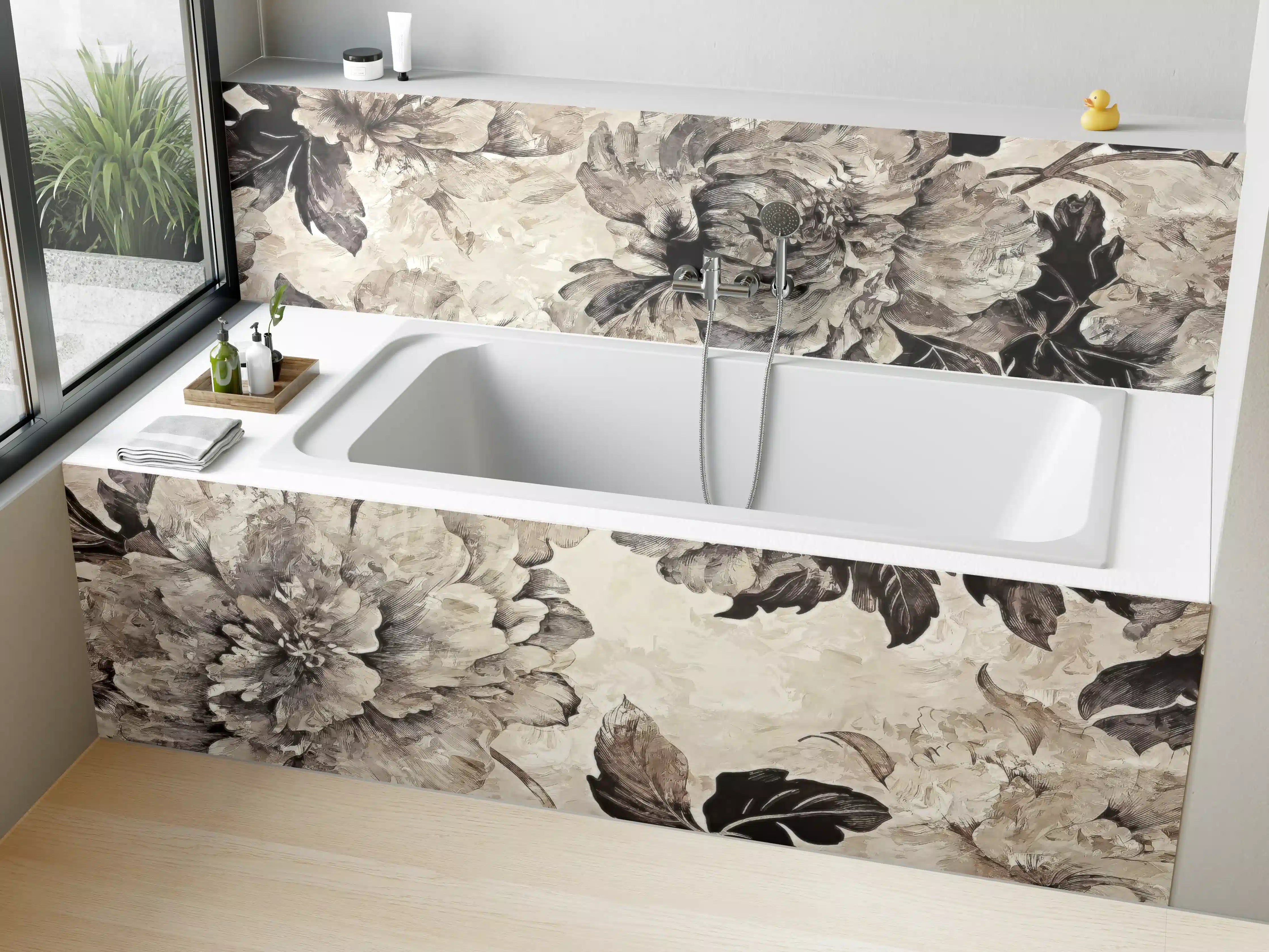 Badewannen-Rückwand - Beige Blumenpanorama Kunstwerk