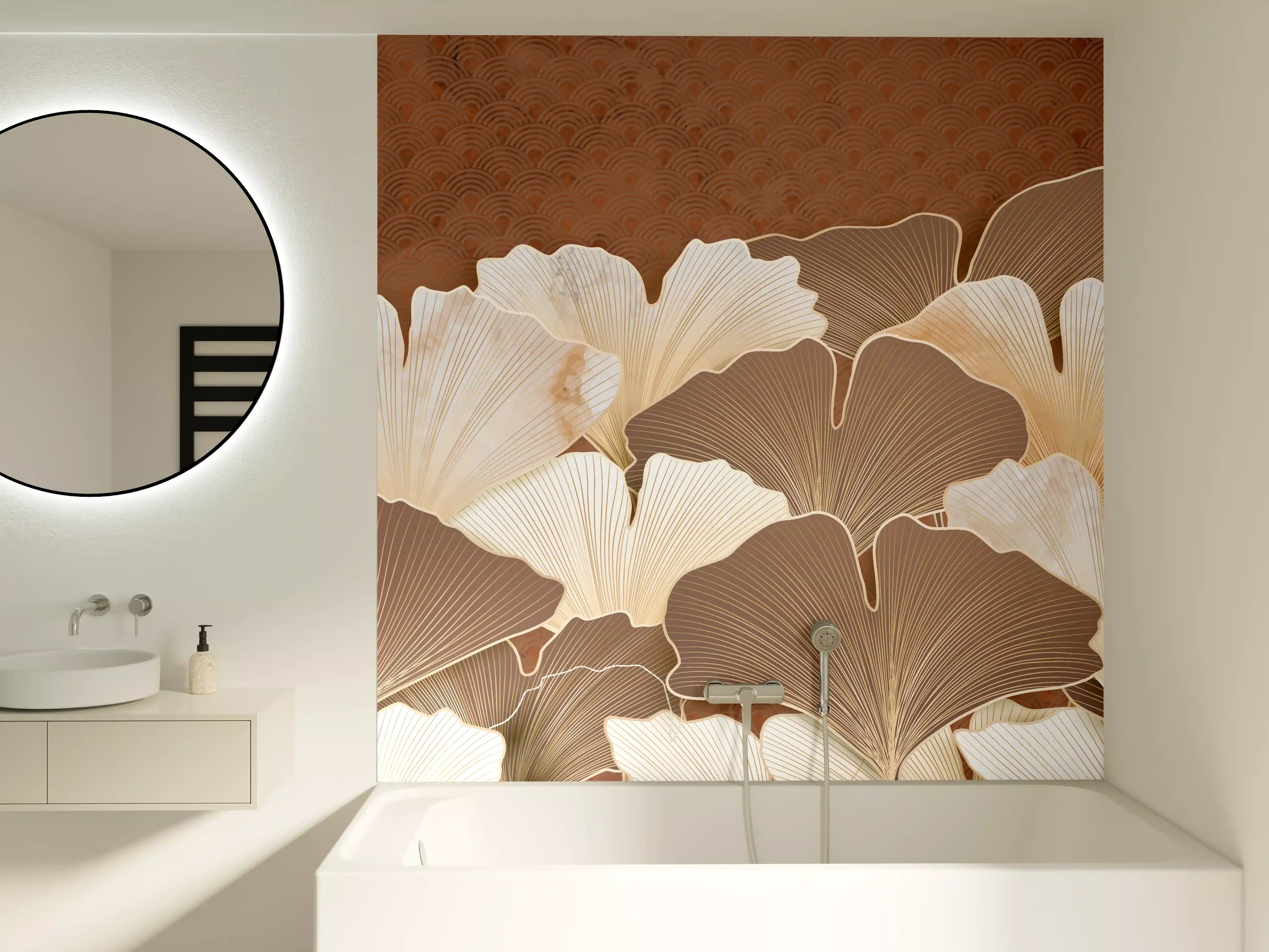 Badewannen-Rückwand - Beige Ginkgo Blattmuster