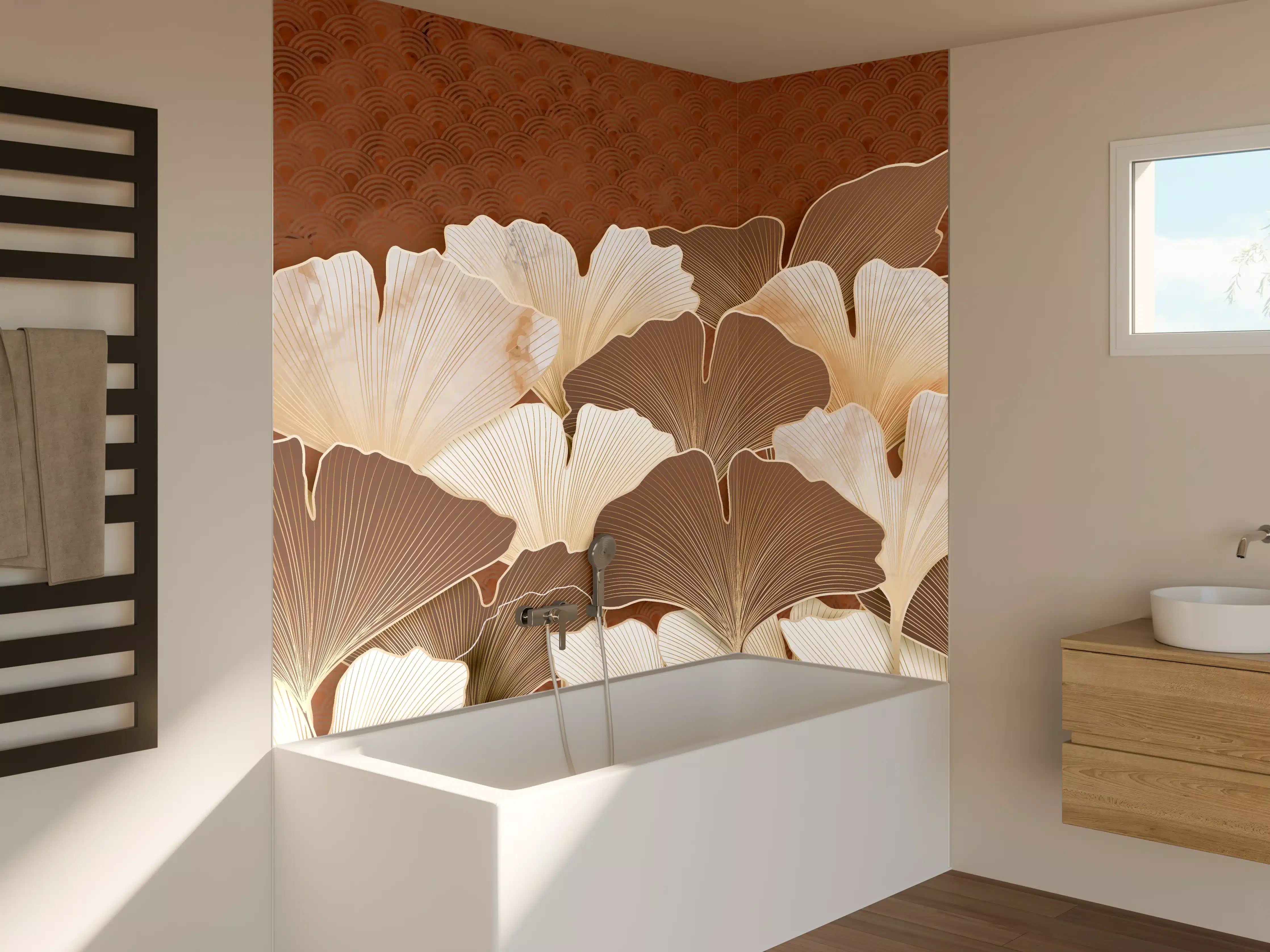 Badewannen-Rückwand - Beige Ginkgo Blattmuster