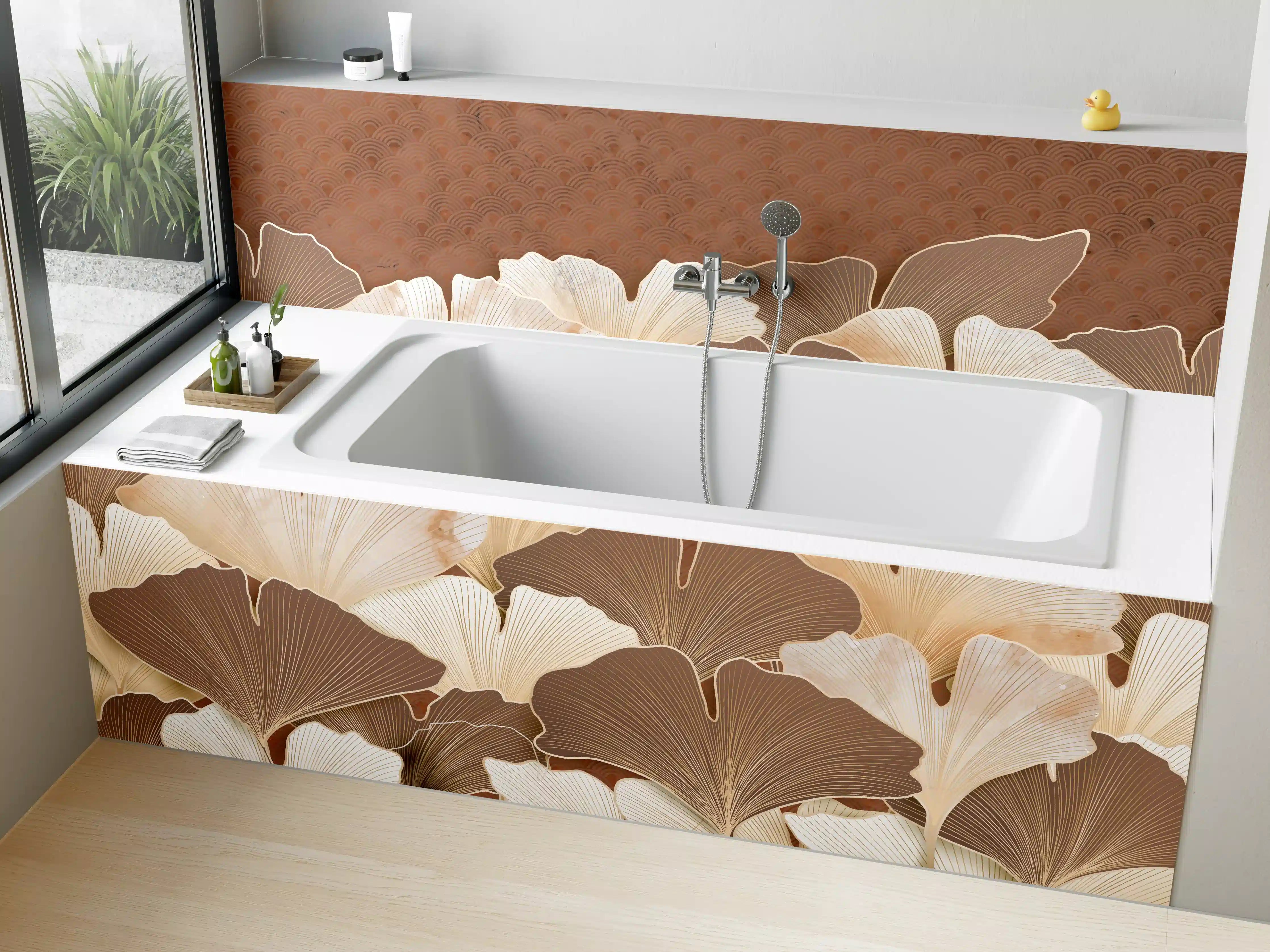Badewannen-Rückwand - Beige Ginkgo Blattmuster