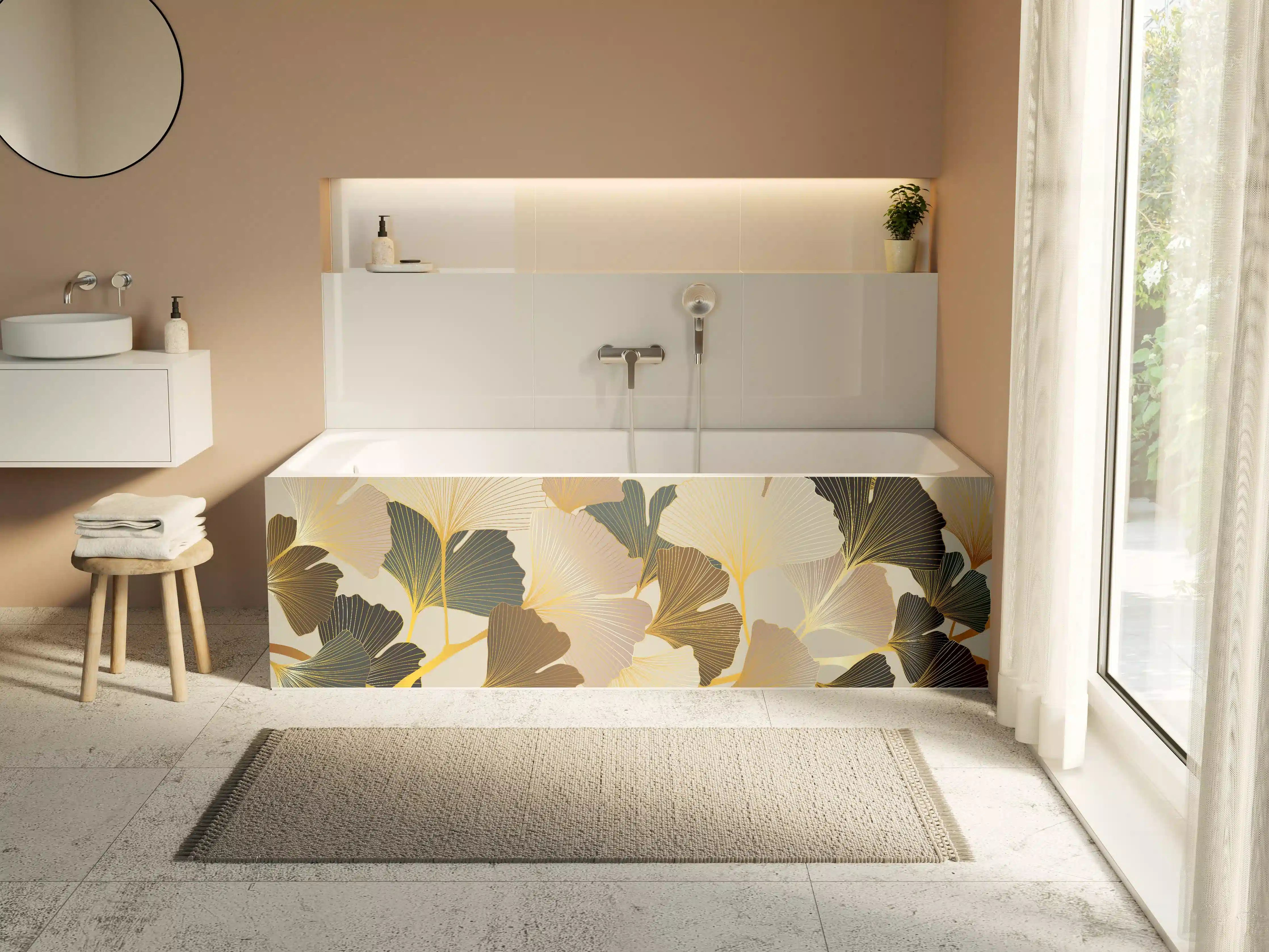 Badewannen-Rückwand - Beige Ginkgo Blattmuster Tapete