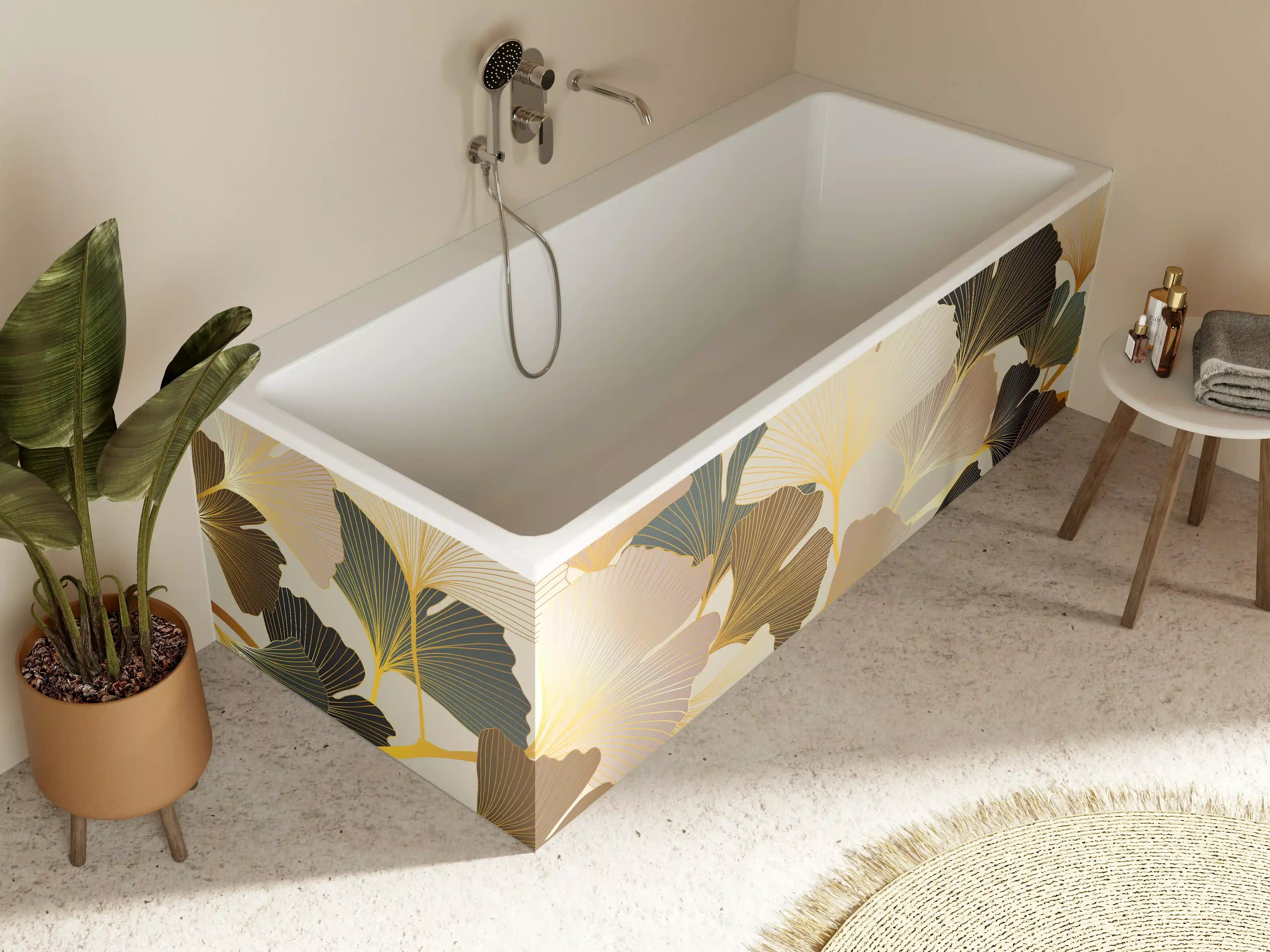 Badewannen-Rückwand - Beige Ginkgo Blattmuster Tapete
