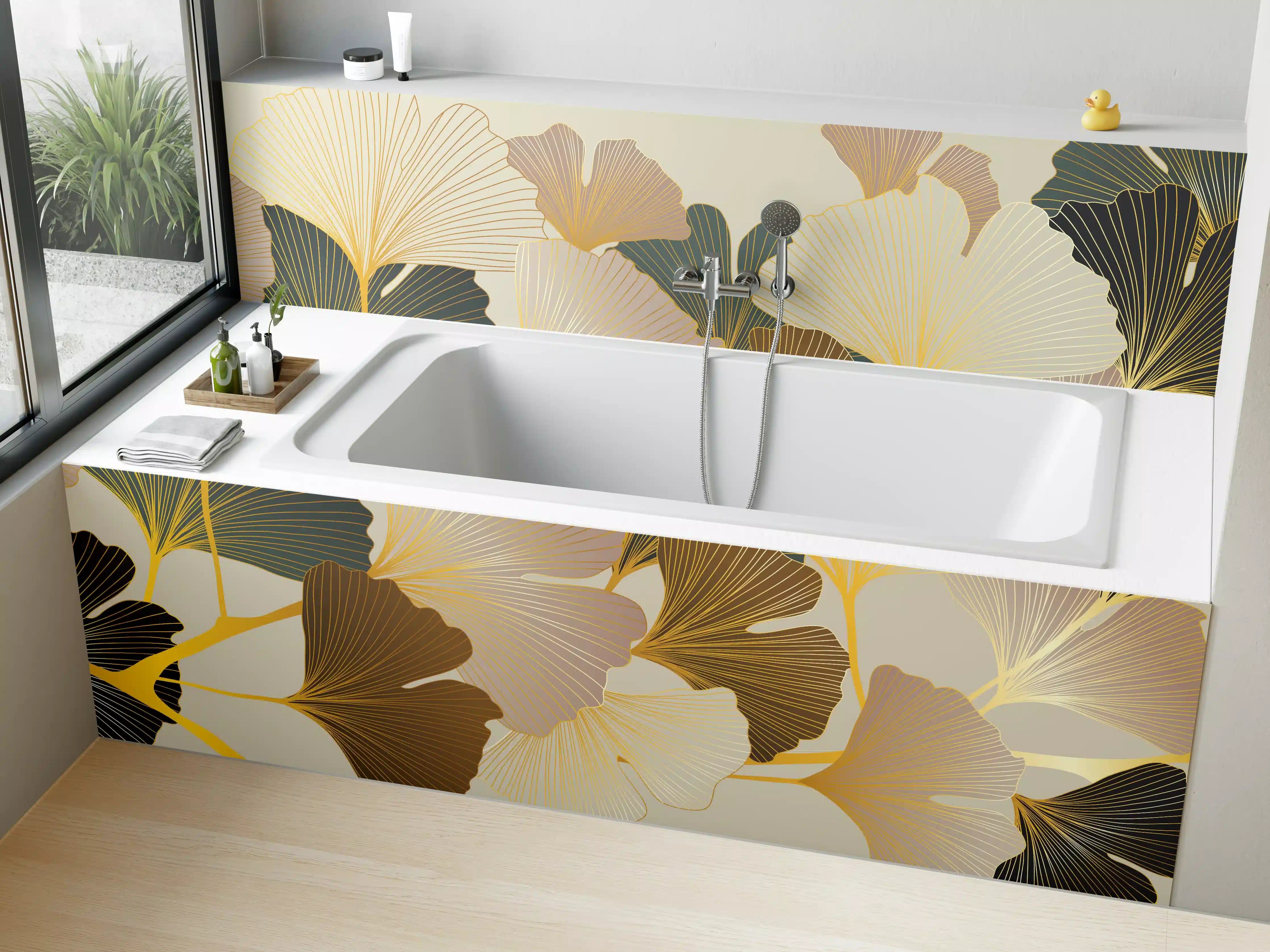 Badewannen-Rückwand - Beige Ginkgo Blattmuster Tapete