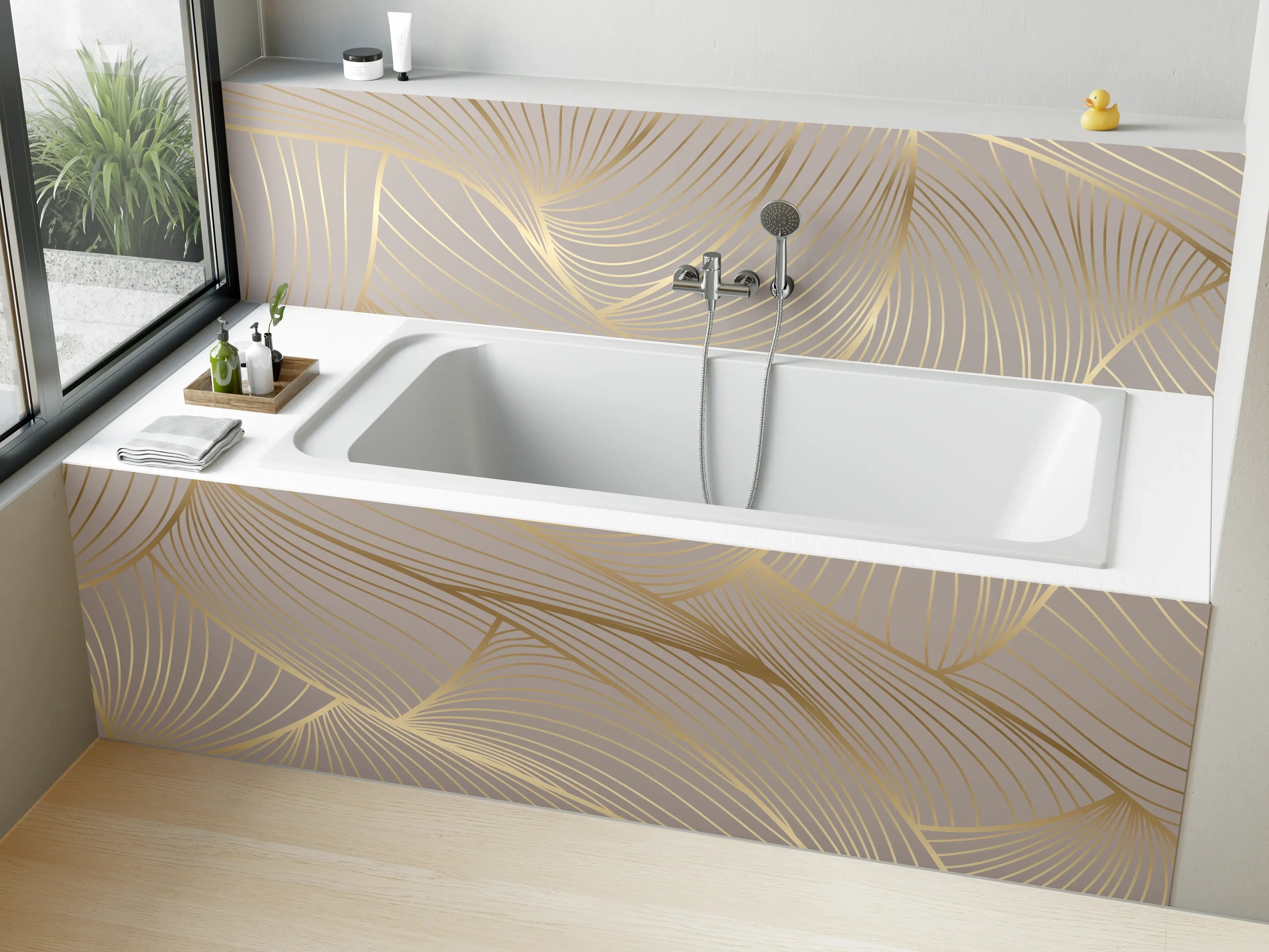 Badewannen-Rückwand - Beige-Goldene Linien Muster