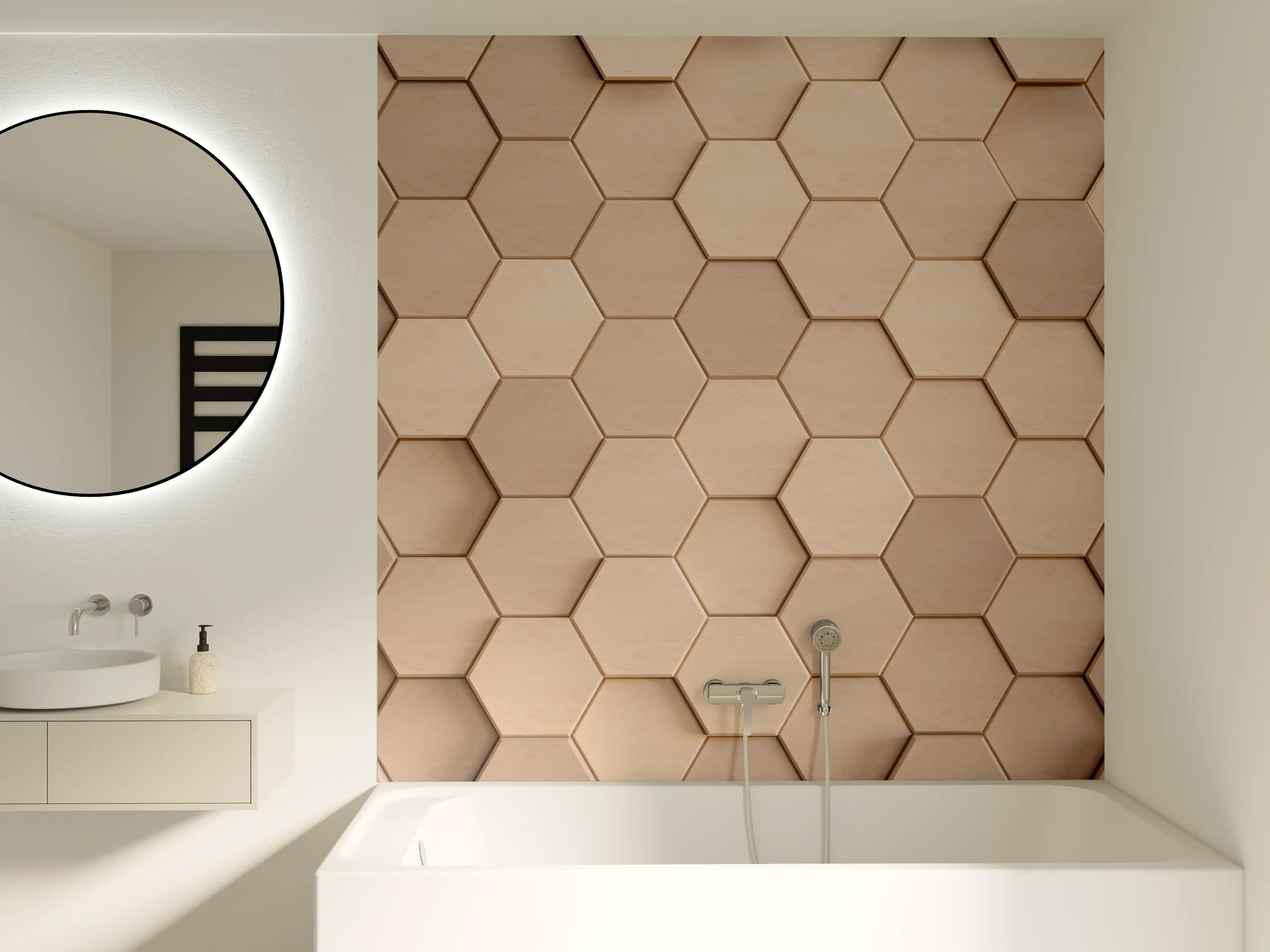 Badewannen-Rückwand - Beige Holzplatten mit Hexagon-Muster