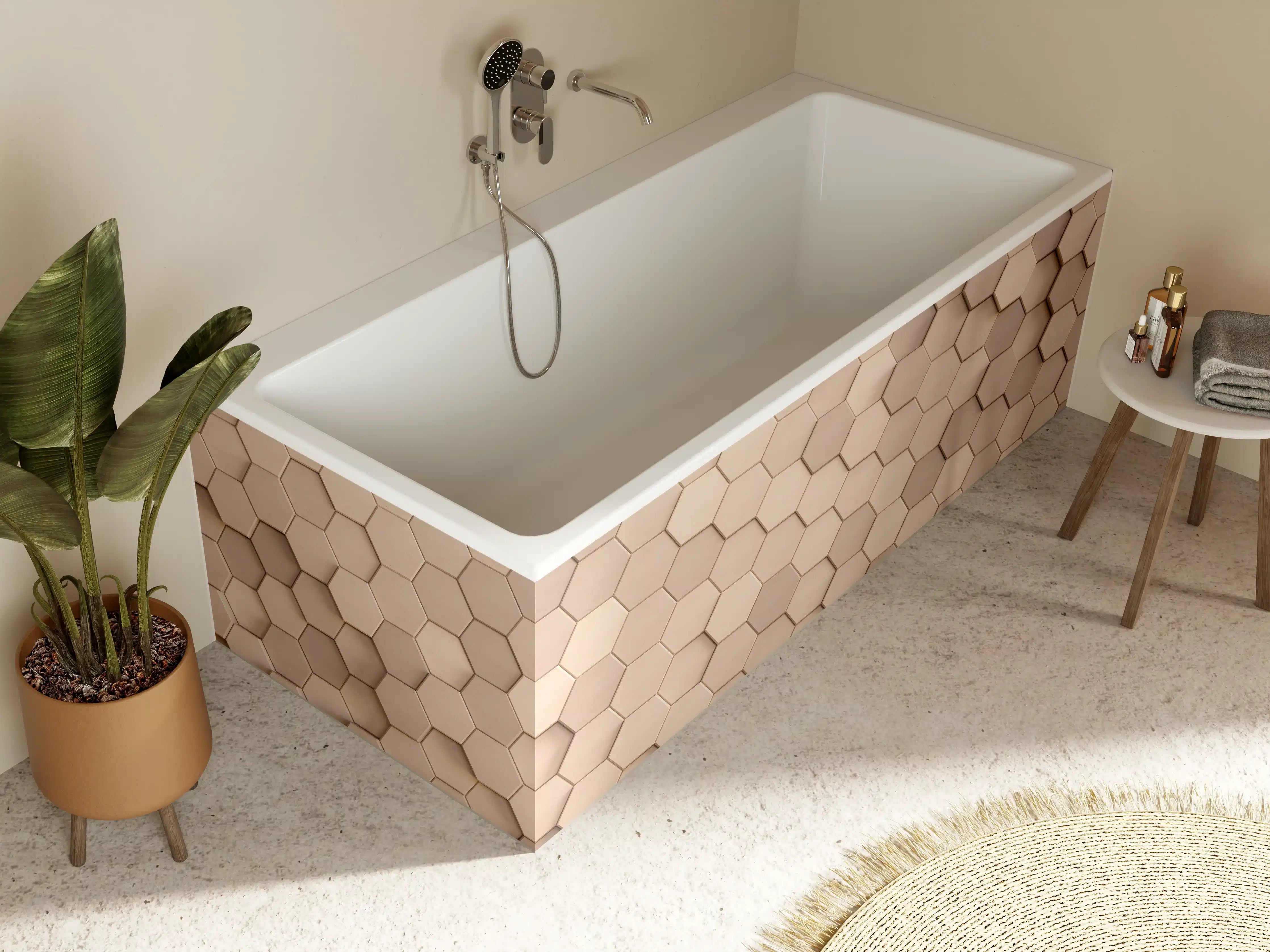 Badewannen-Rückwand - Beige Holzplatten mit Hexagon-Muster