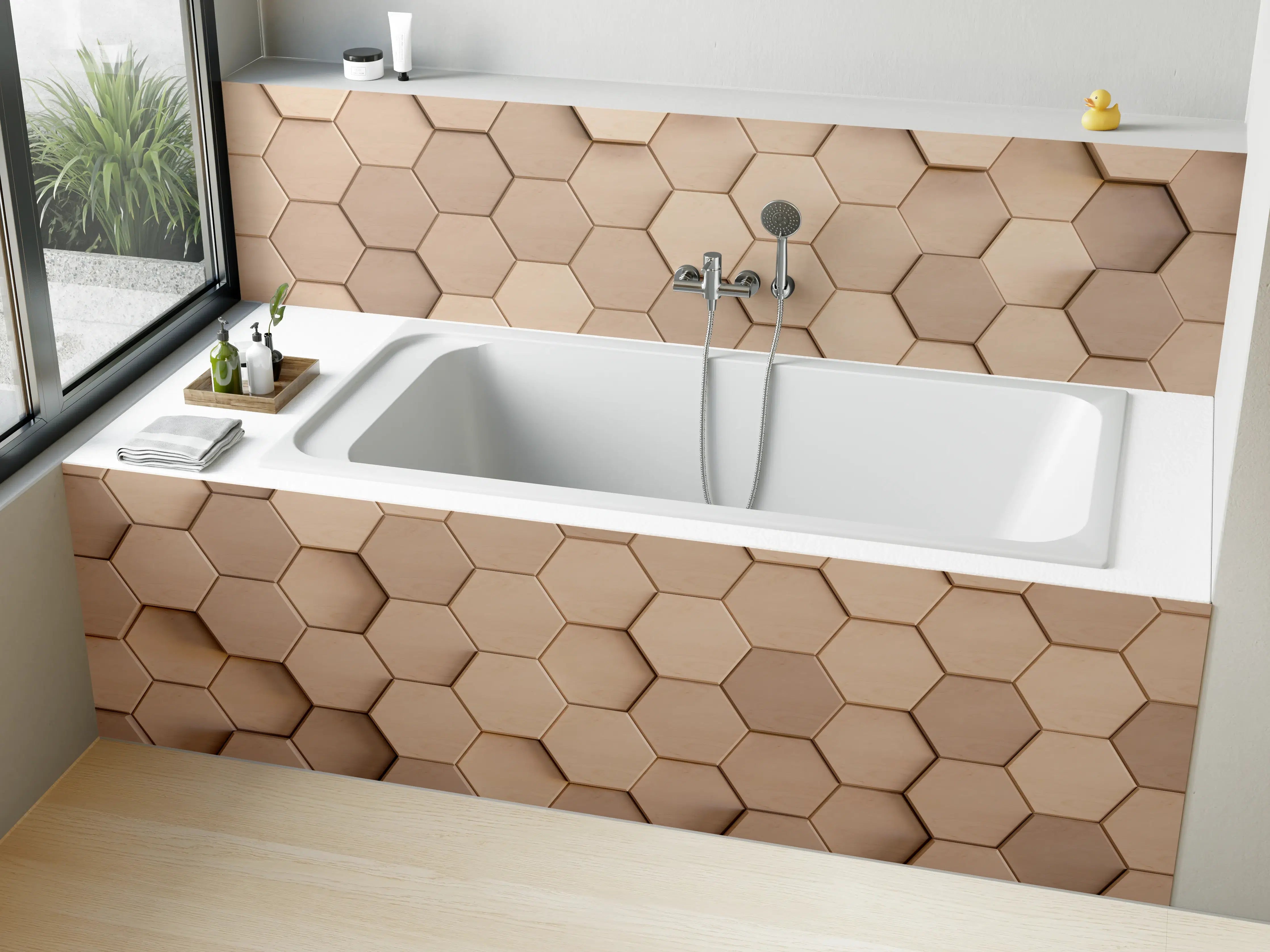 Badewannen-Rückwand - Beige Holzplatten mit Hexagon-Muster