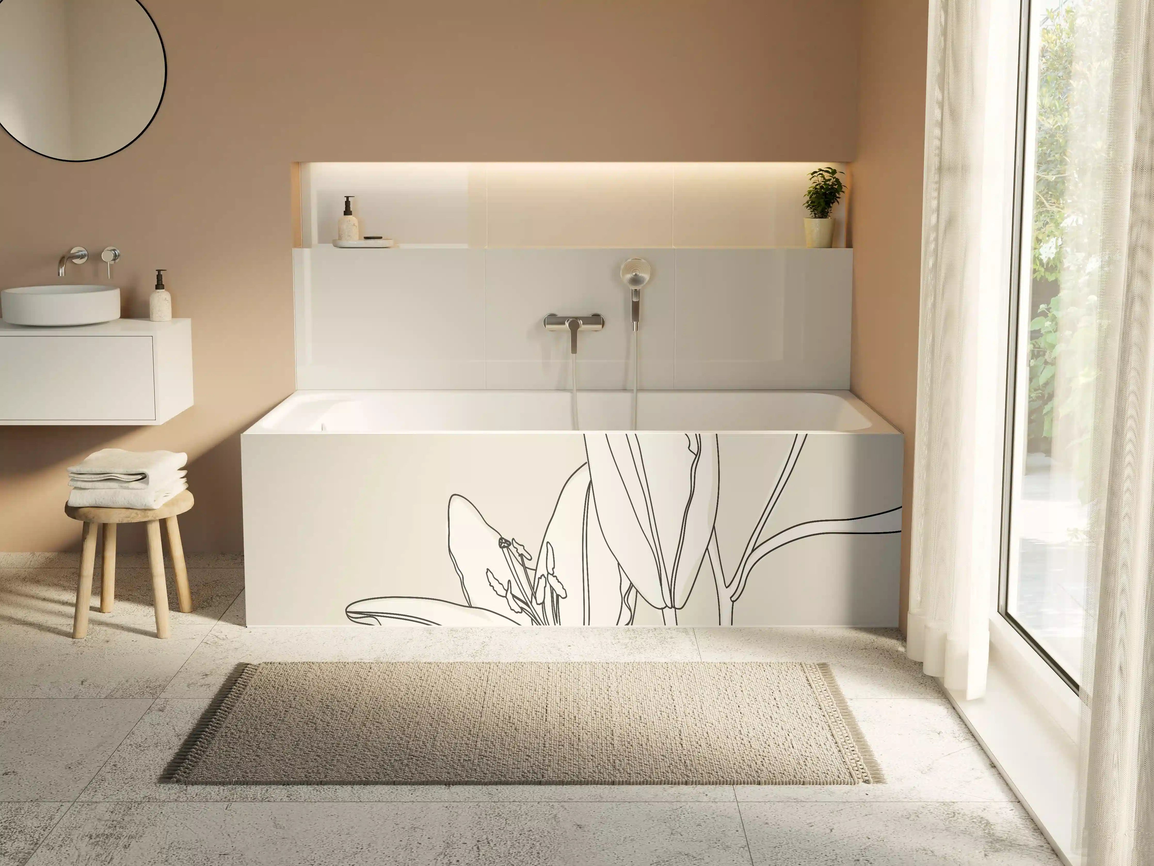 Badewannen-Rückwand - Beige Lilien Linienkunst
