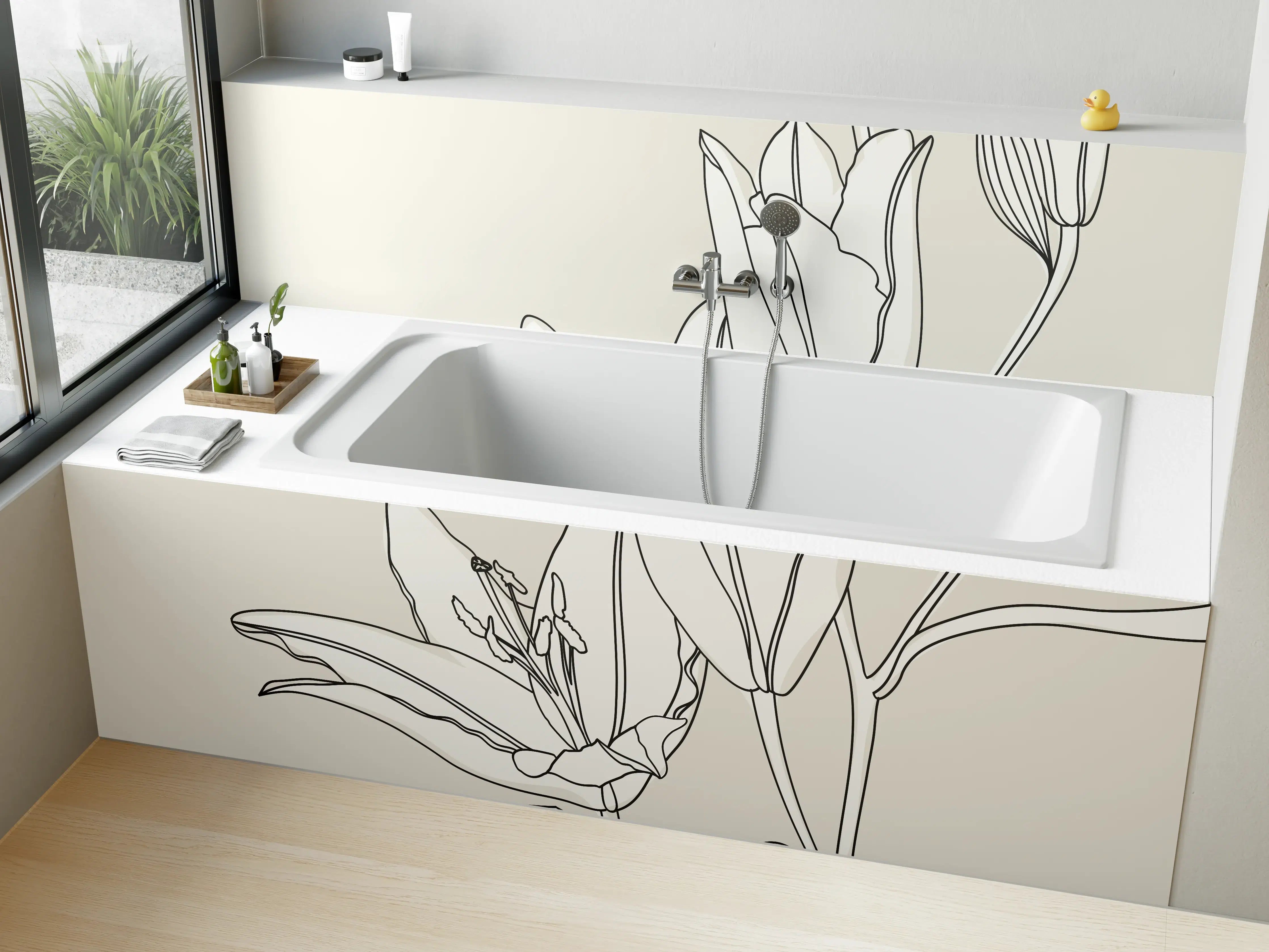 Badewannen-Rückwand - Beige Lilien Linienkunst