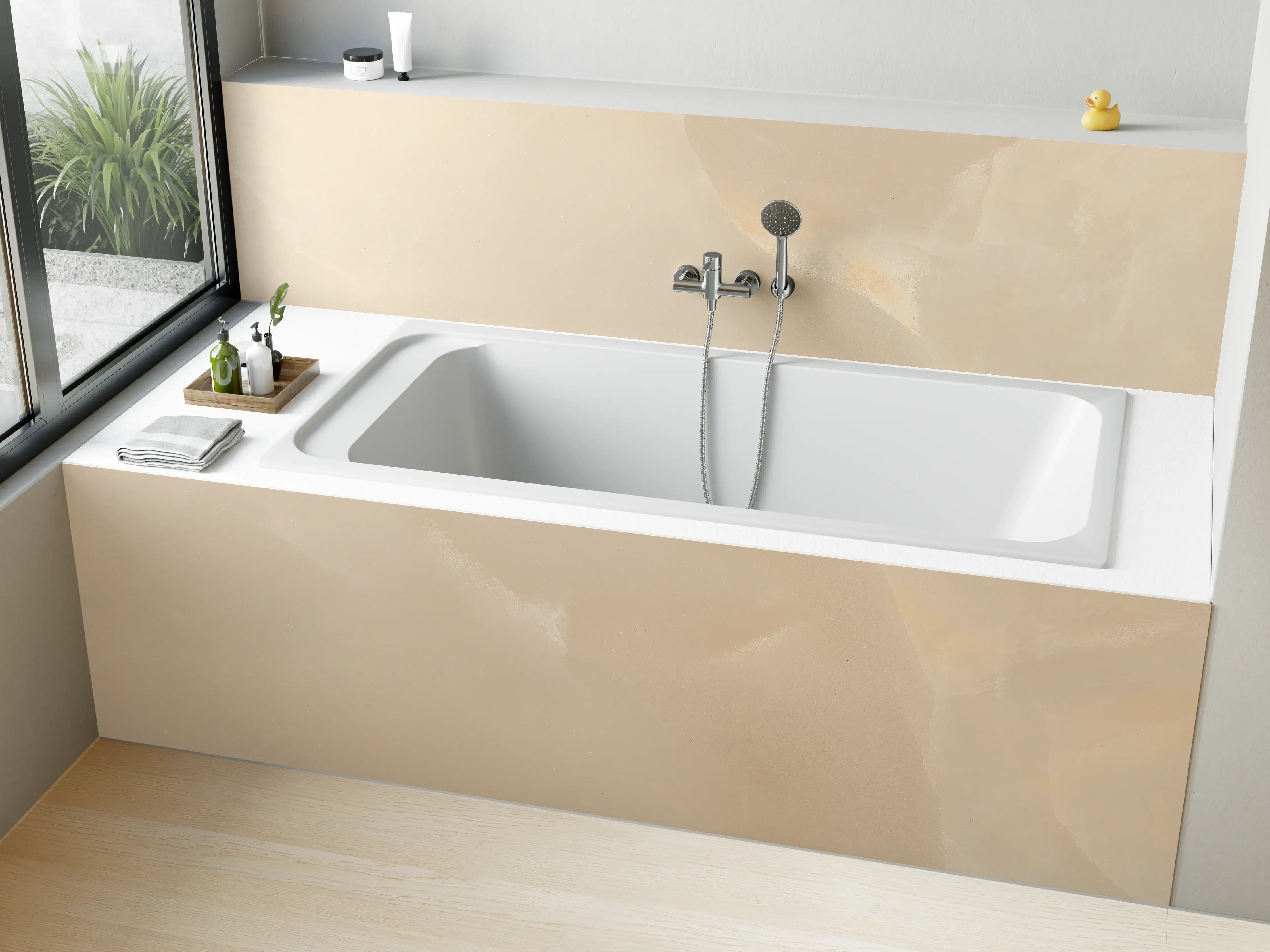 Badewannen-Rückwand - Beige Marmor-Textur mit sanften Mustern