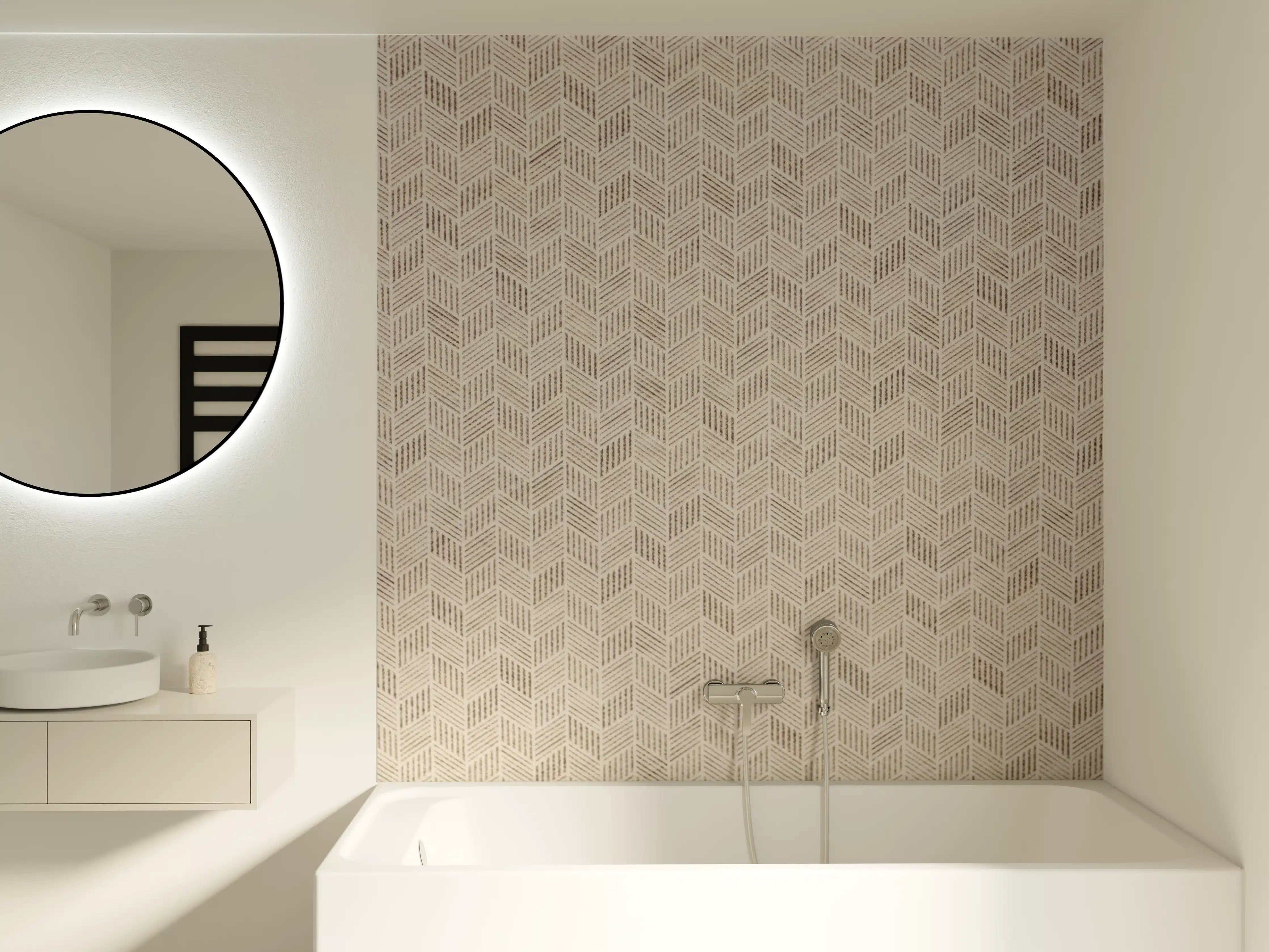Badewannen-Rückwand - Beige Marmortextur mit filigraner Musterung