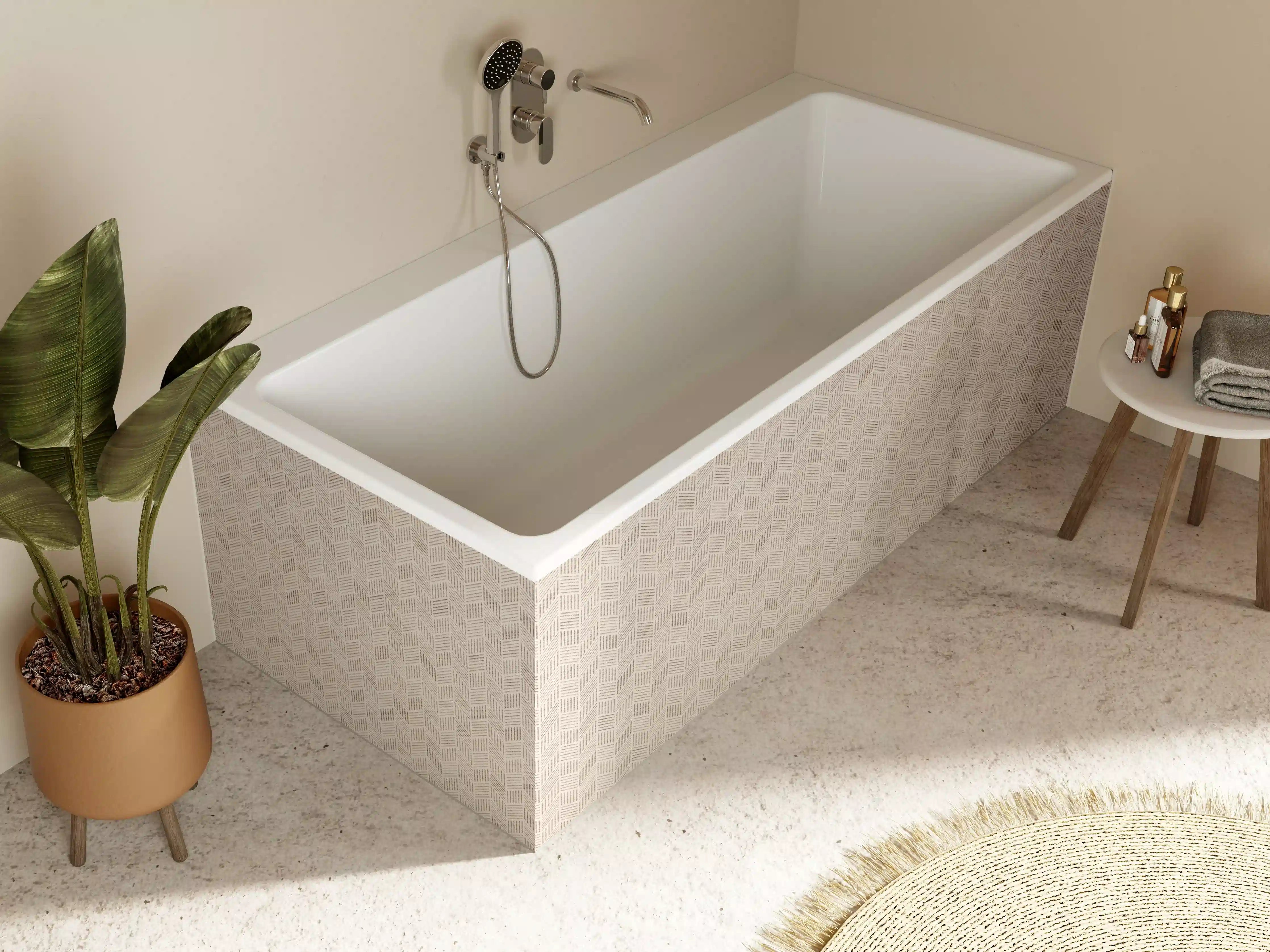 Badewannen-Rückwand - Beige Marmortextur mit filigraner Musterung